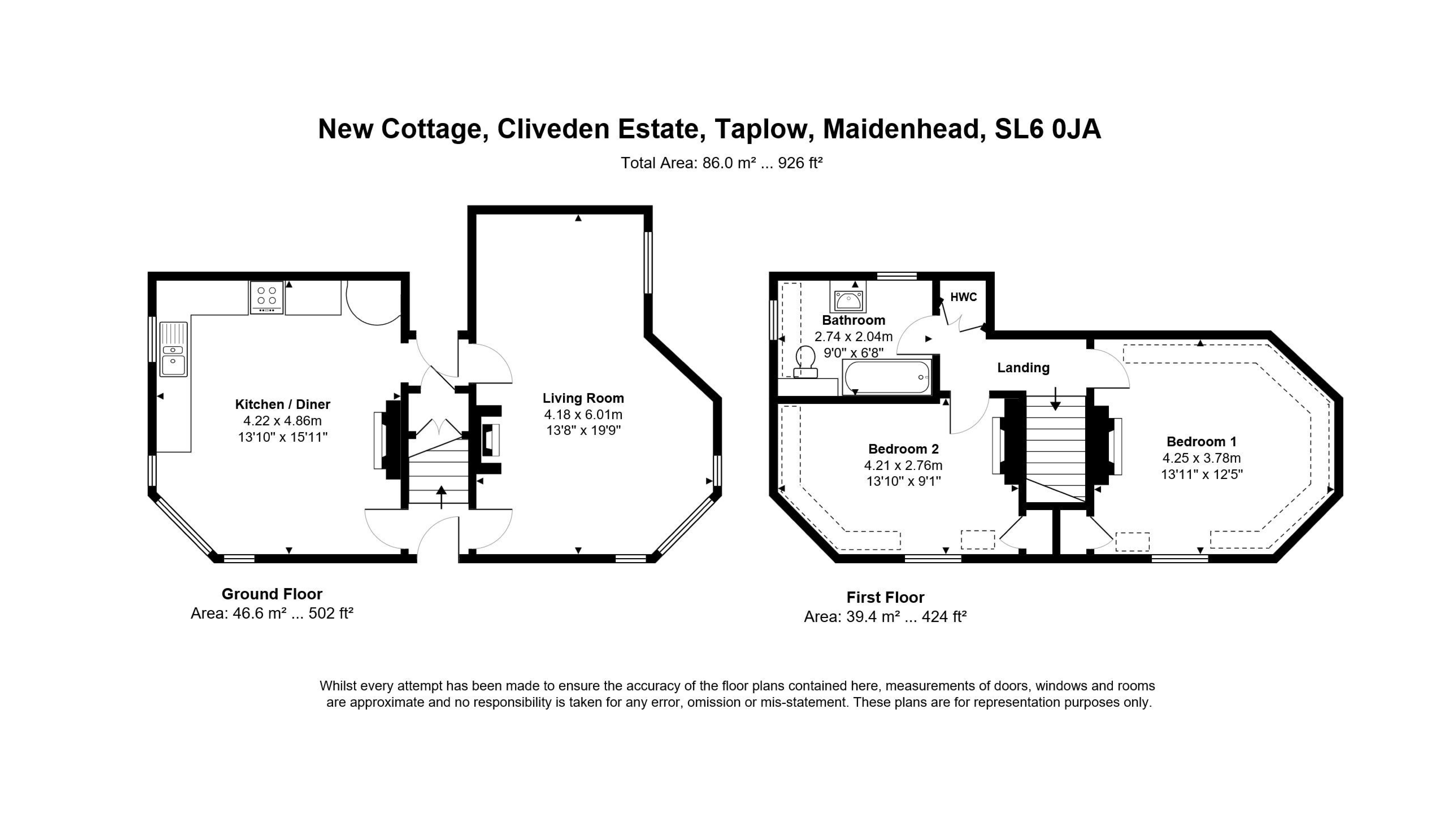 The floor plan for Cliveden New Cottage showing the ground floor with sitting room and kitchen-diner, and the first floor showing two bedrooms and a bathroom