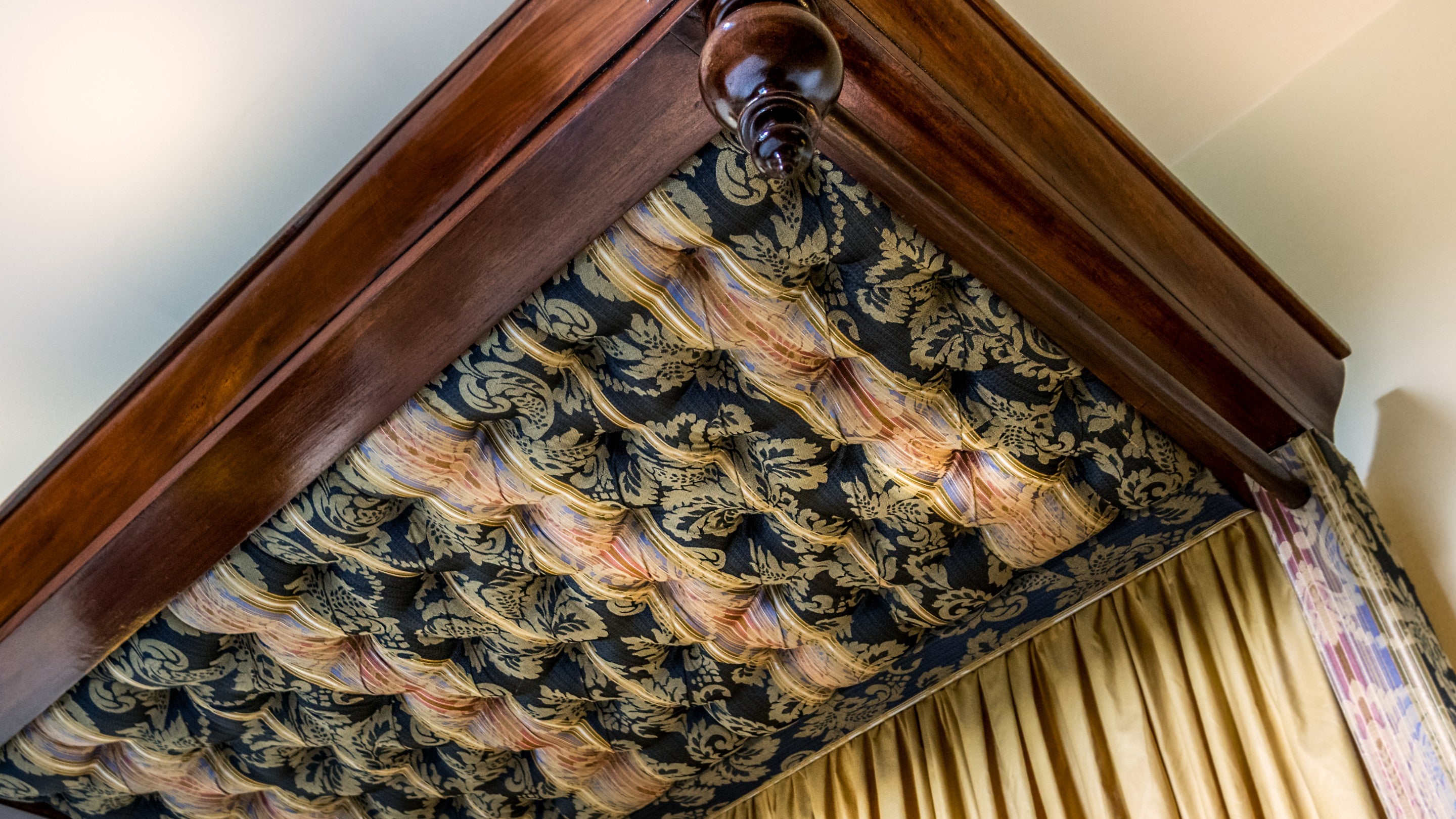 The canopy of the half tester bed in one of the double bedrooms on the first floor of 6 High Hazels, Derbyshire