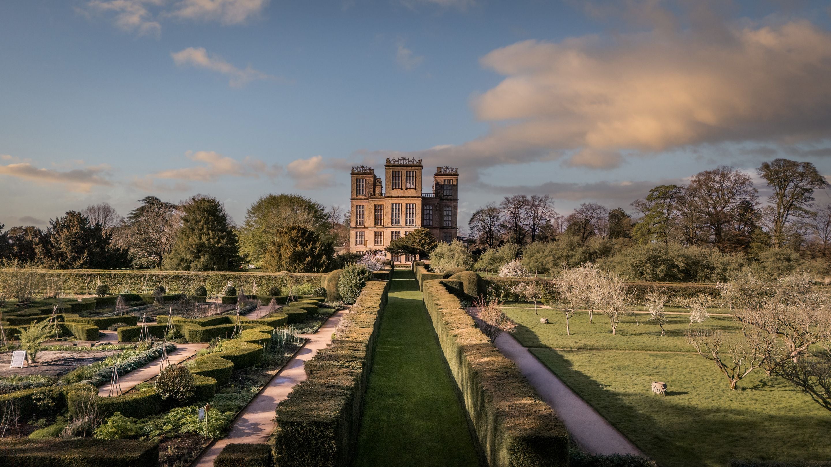 An aerial view of Hardwick Hall and its gardens, Derbyshire
