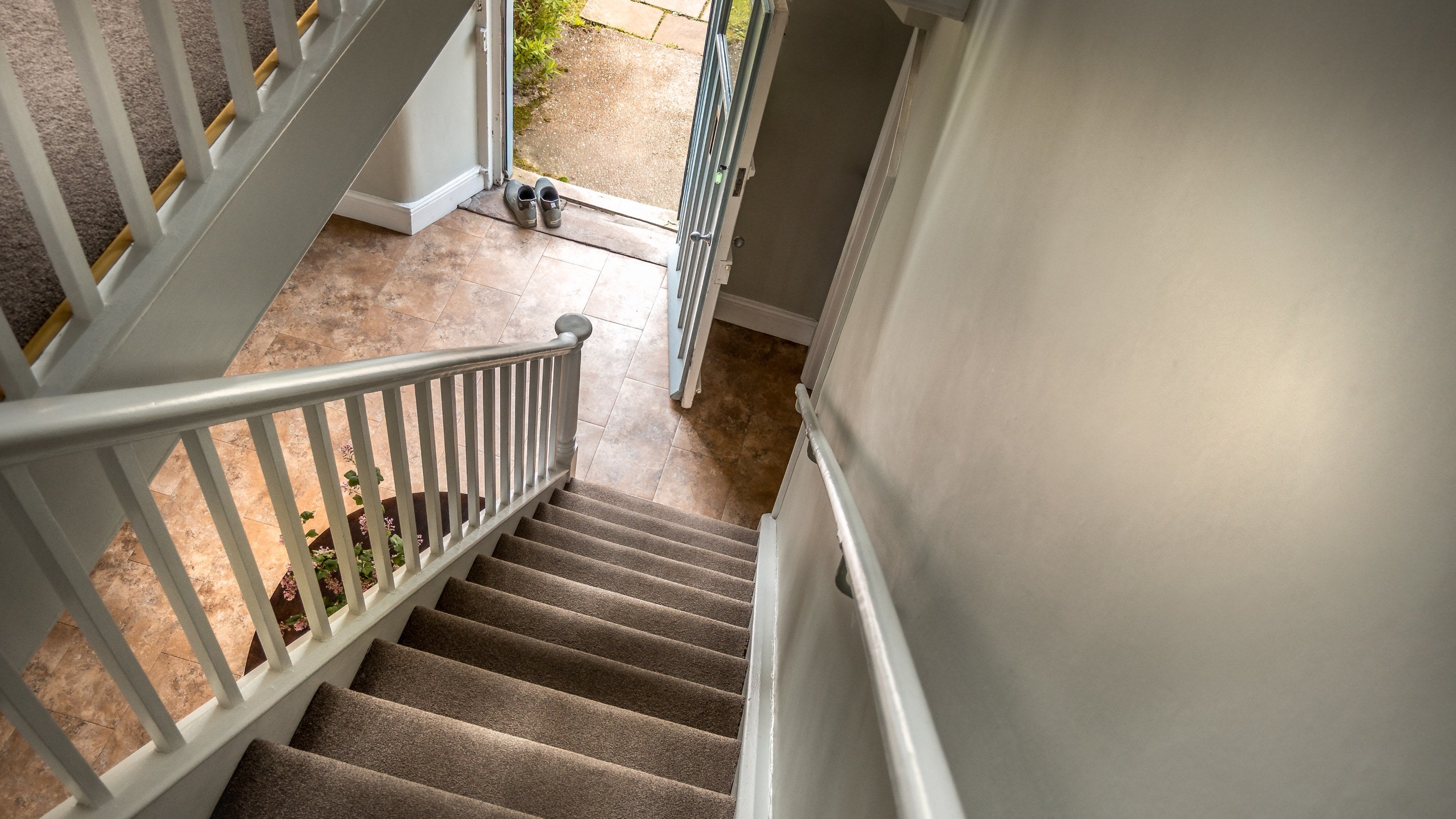 Looking down the stairs to the entrance of 6 High Hazels, Derbyshire