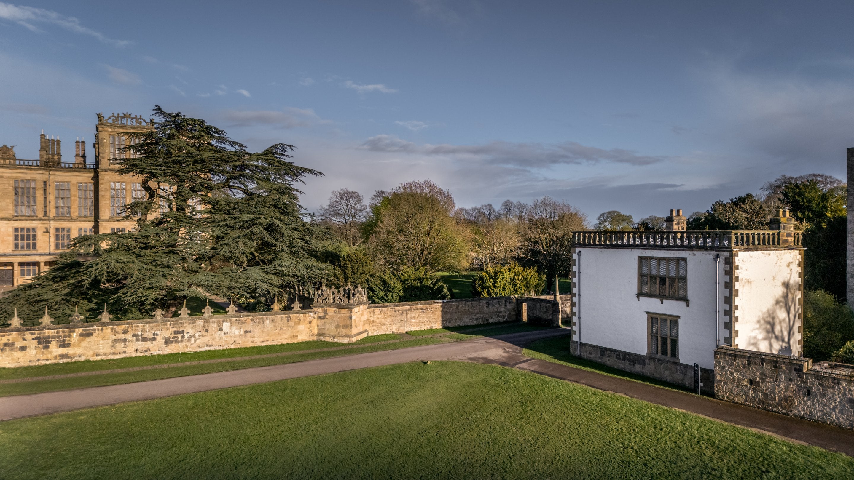 An aerial view of Hardwick East Lodge, across the road from Hardwick Hall, Derbyshire