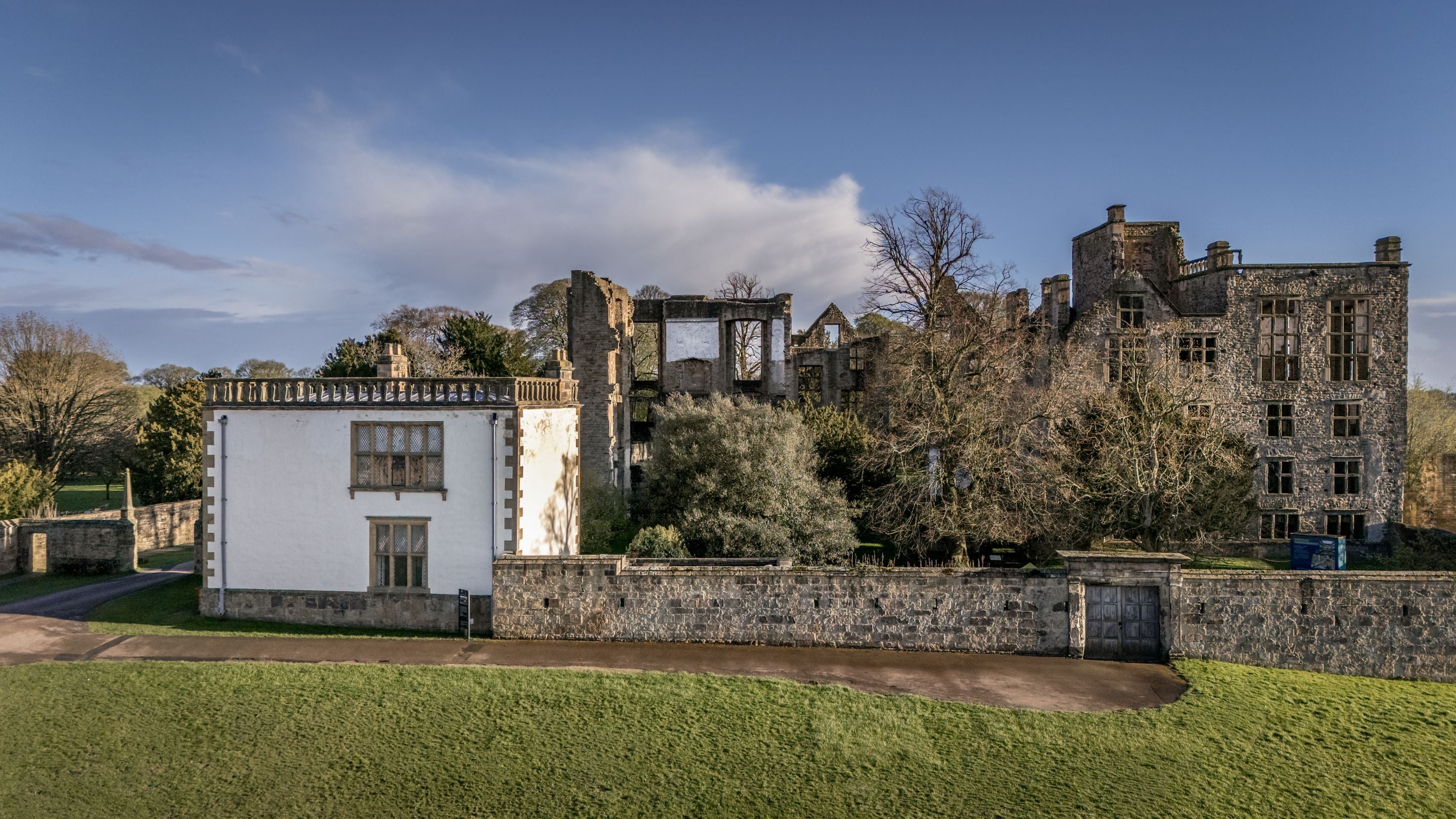 An aerial view of Hardwick East Lodge, and the ruins of Old Hardwick Hall, Derbyshire