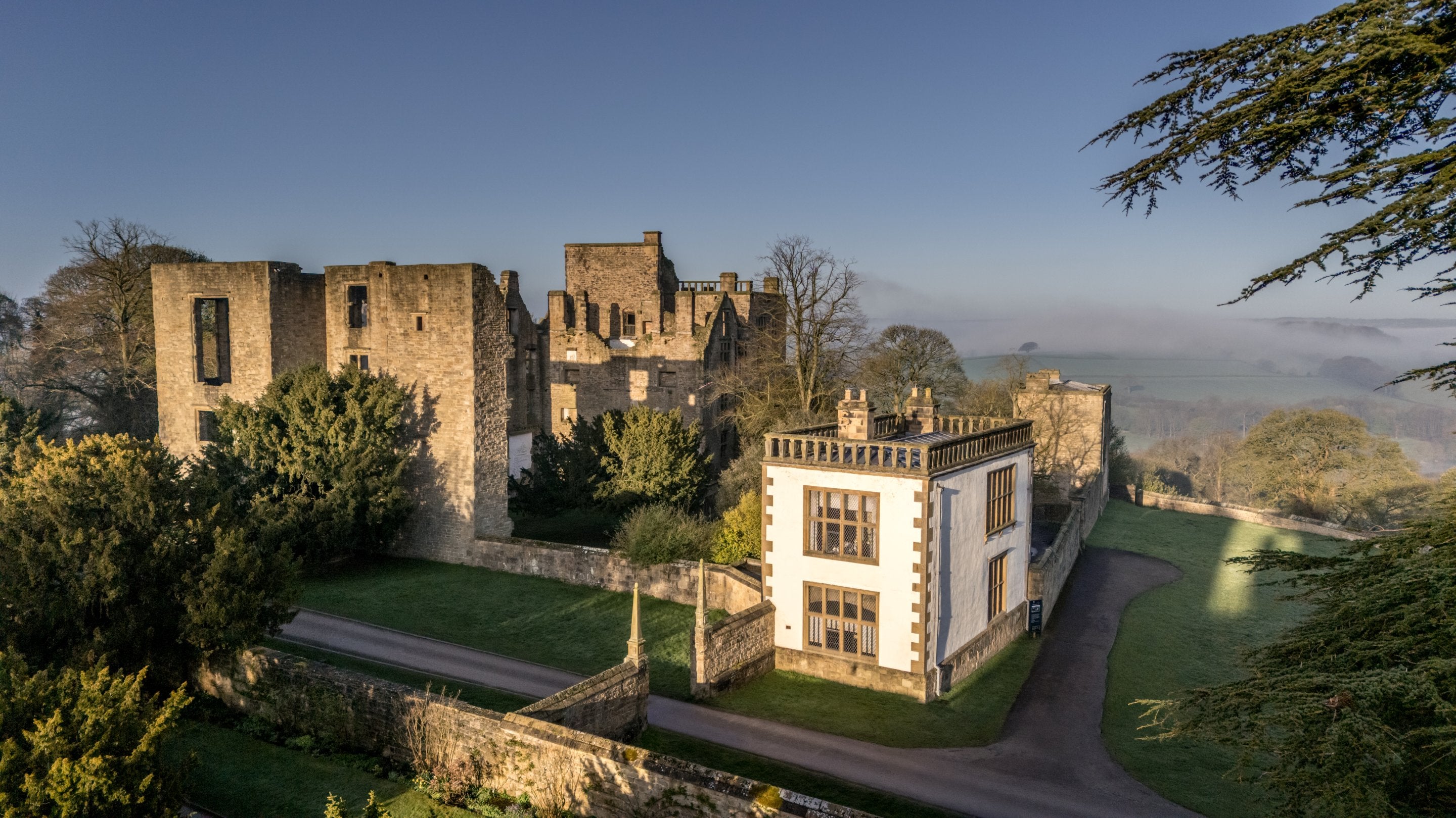 An aerial view of Hardwick East Lodge and the ruins of Hardwick Old Hall, Derbyshire