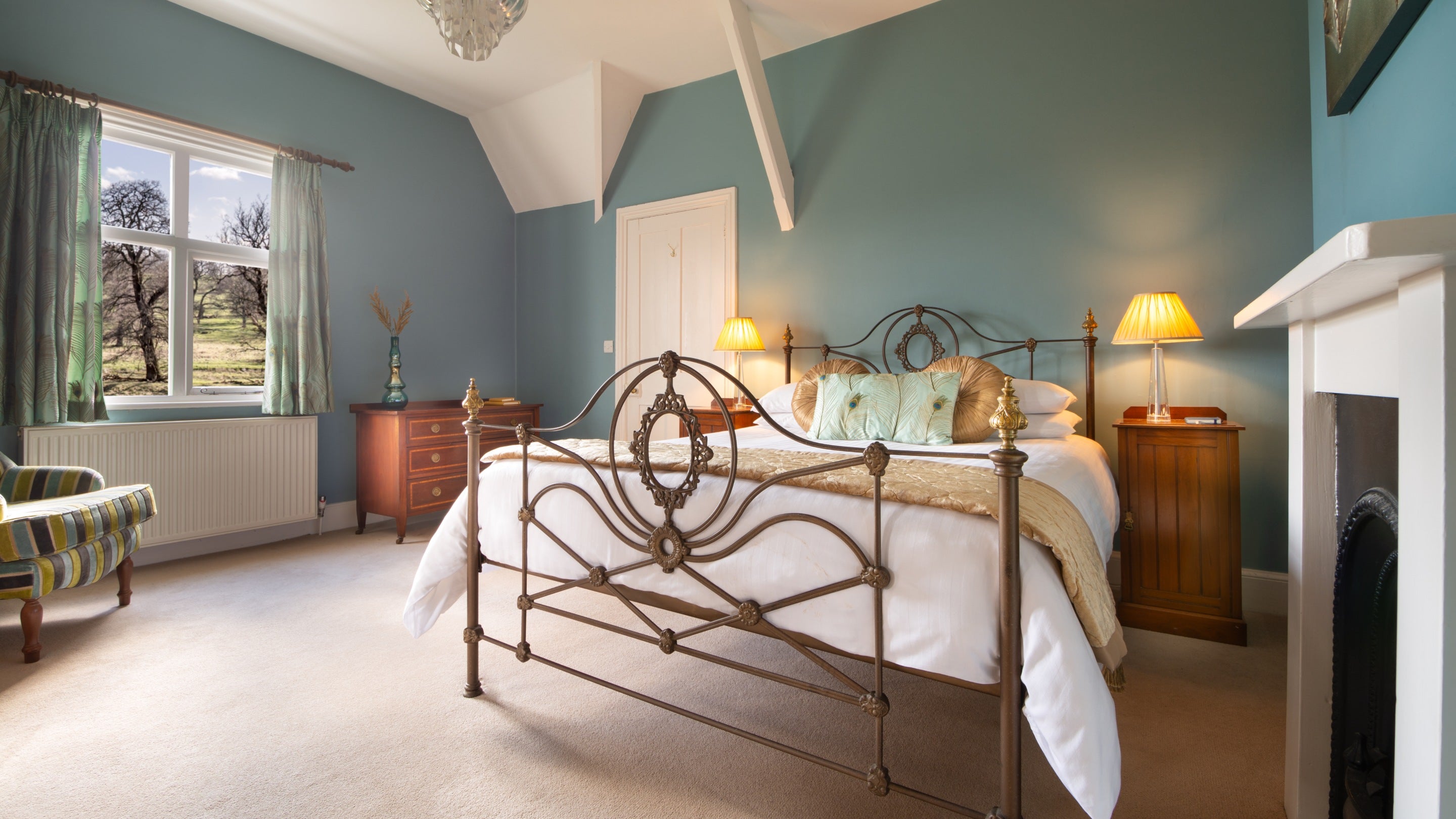 The double bedroom with en-suite shower room at Kedleston Park House, Derbyshire