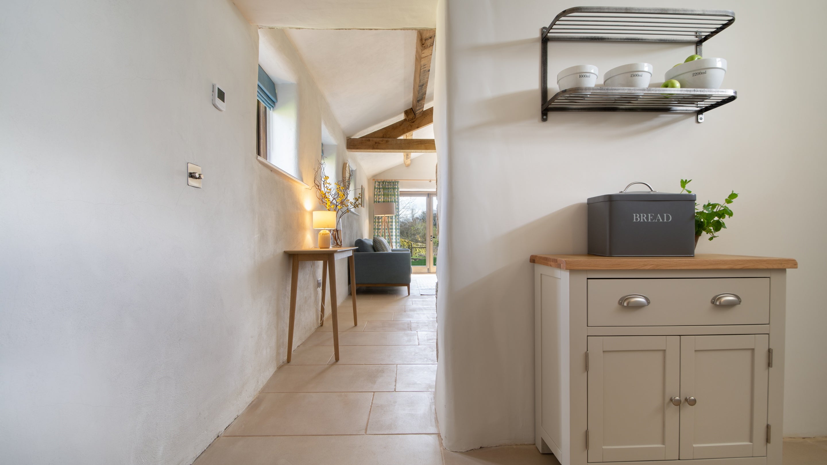The hallway between the kitchen and sitting room at Millstone Barn, Derbyshire