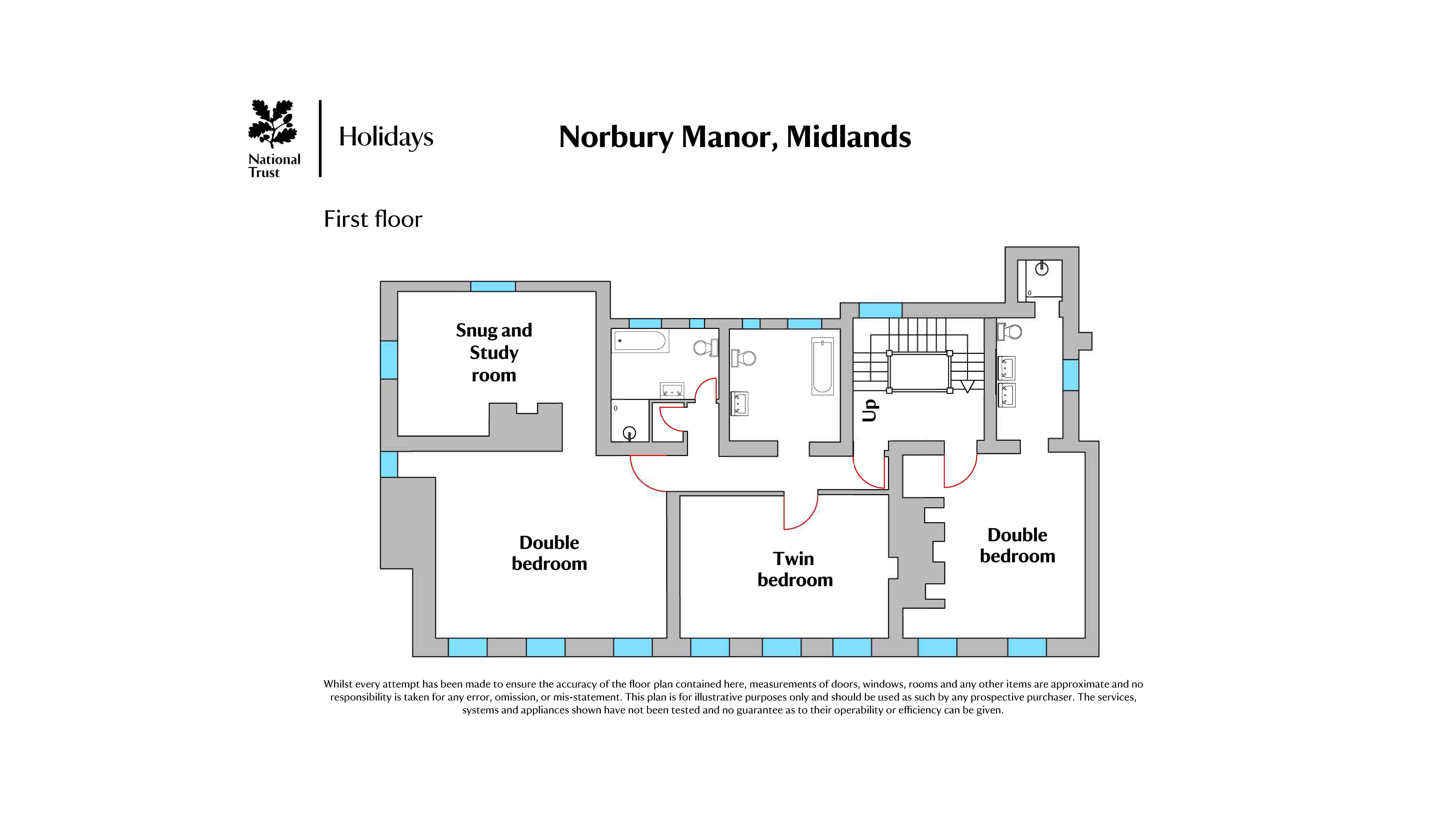 The first floor plan of Norbury Manor, showing a double bedroom with en-suite shower room, a double bedroom with sitting room, a twin bedroom and two bathrooms
