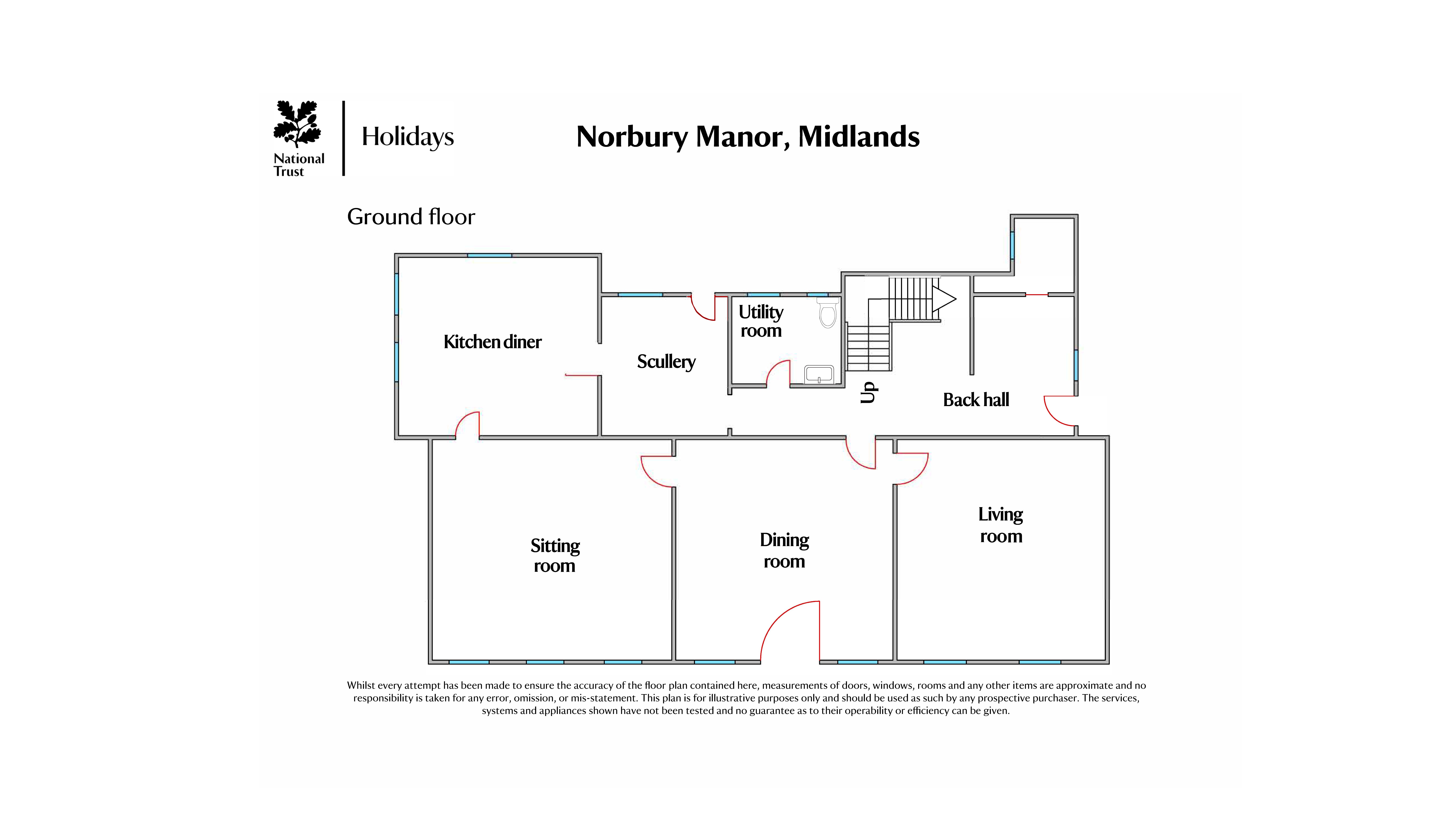 The ground floor plan of Norbury Manor, showing hallway, sitting room, dining room, snug, kitchen, scullery and utility room with toilet