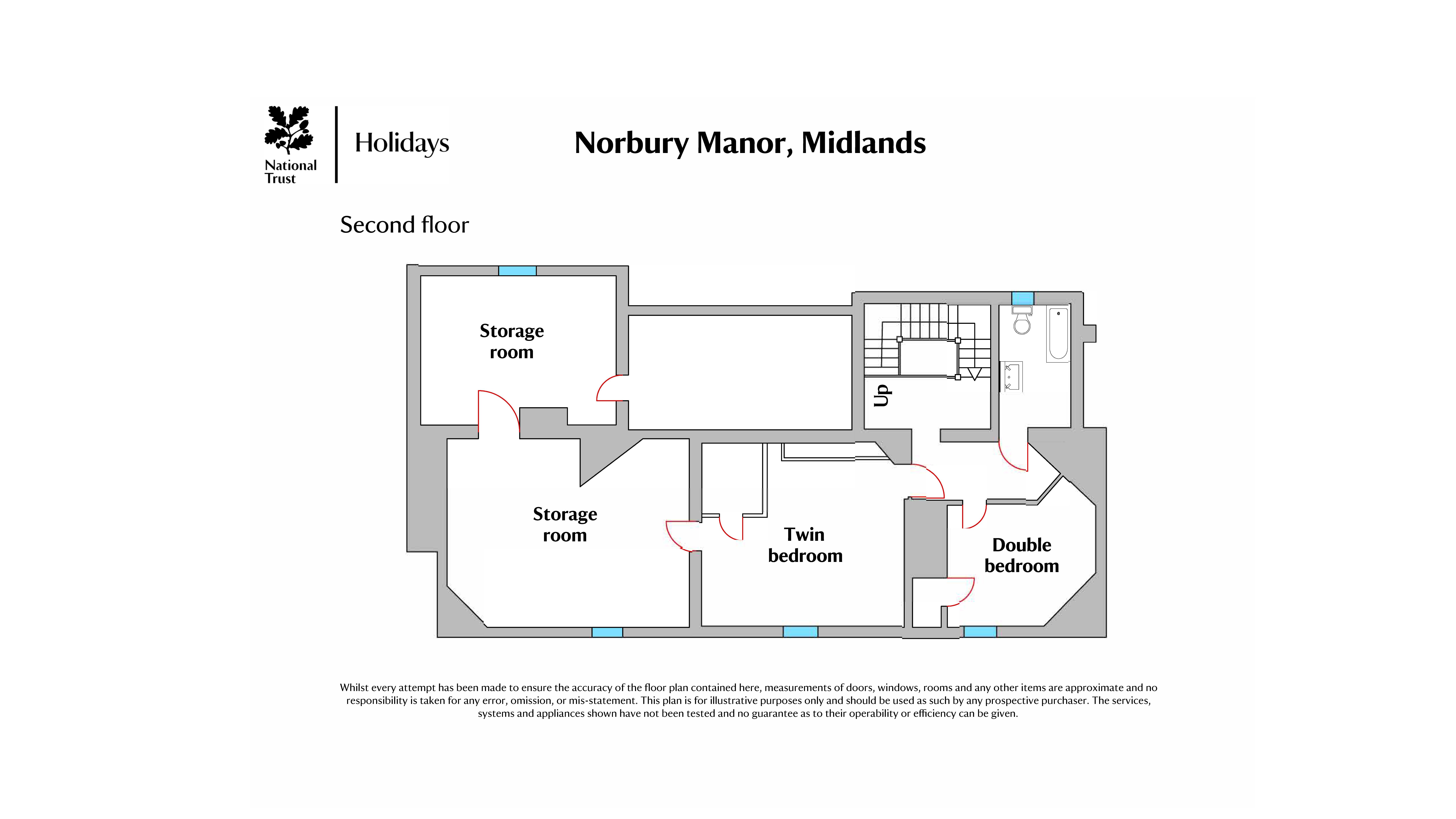 The second floor plan of Norbury Manor, showing a double bedroom, a twin bedroom and a bathroom