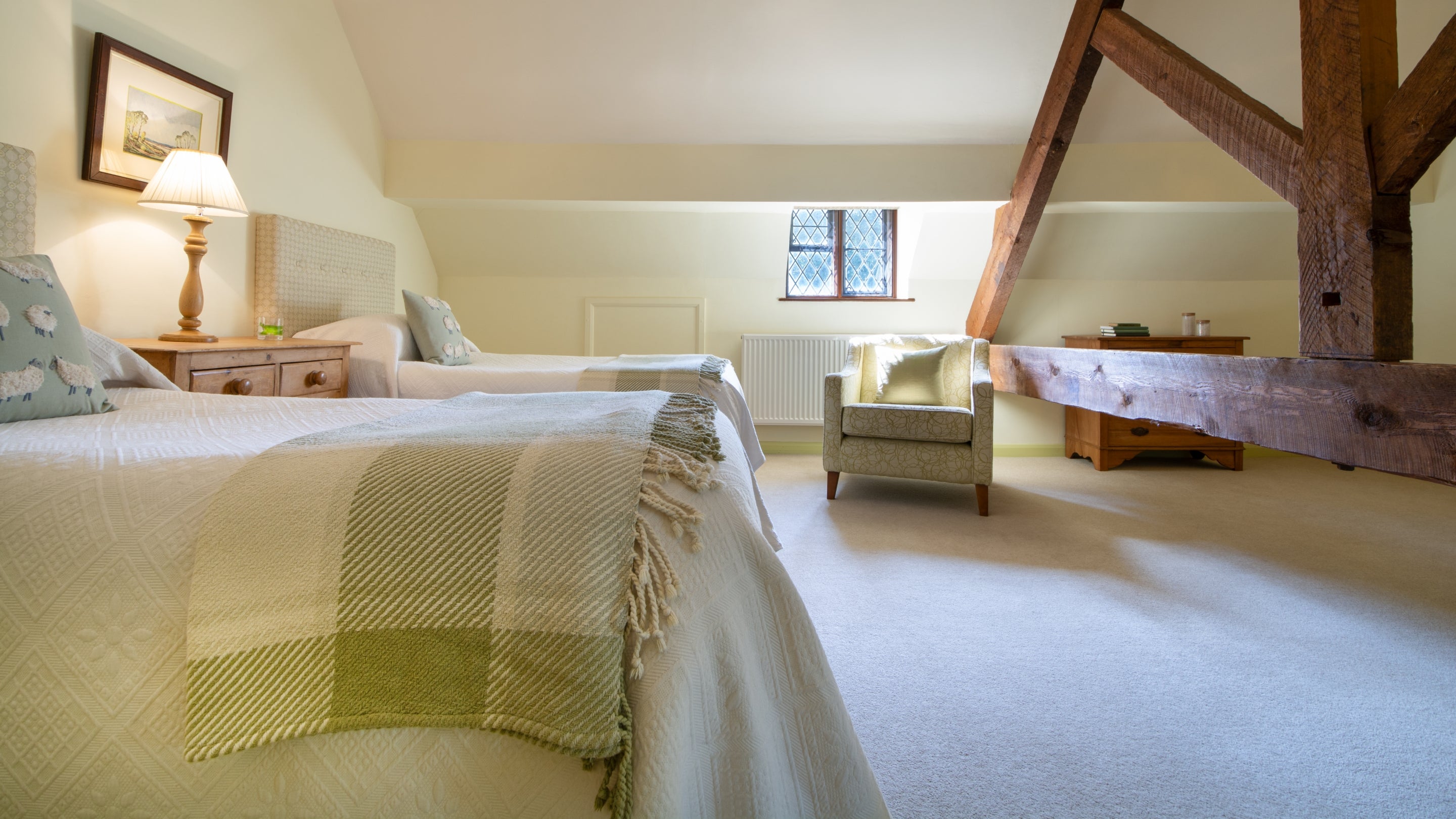 The second-floor twin bedroom at Norbury Manor, Derbyshire