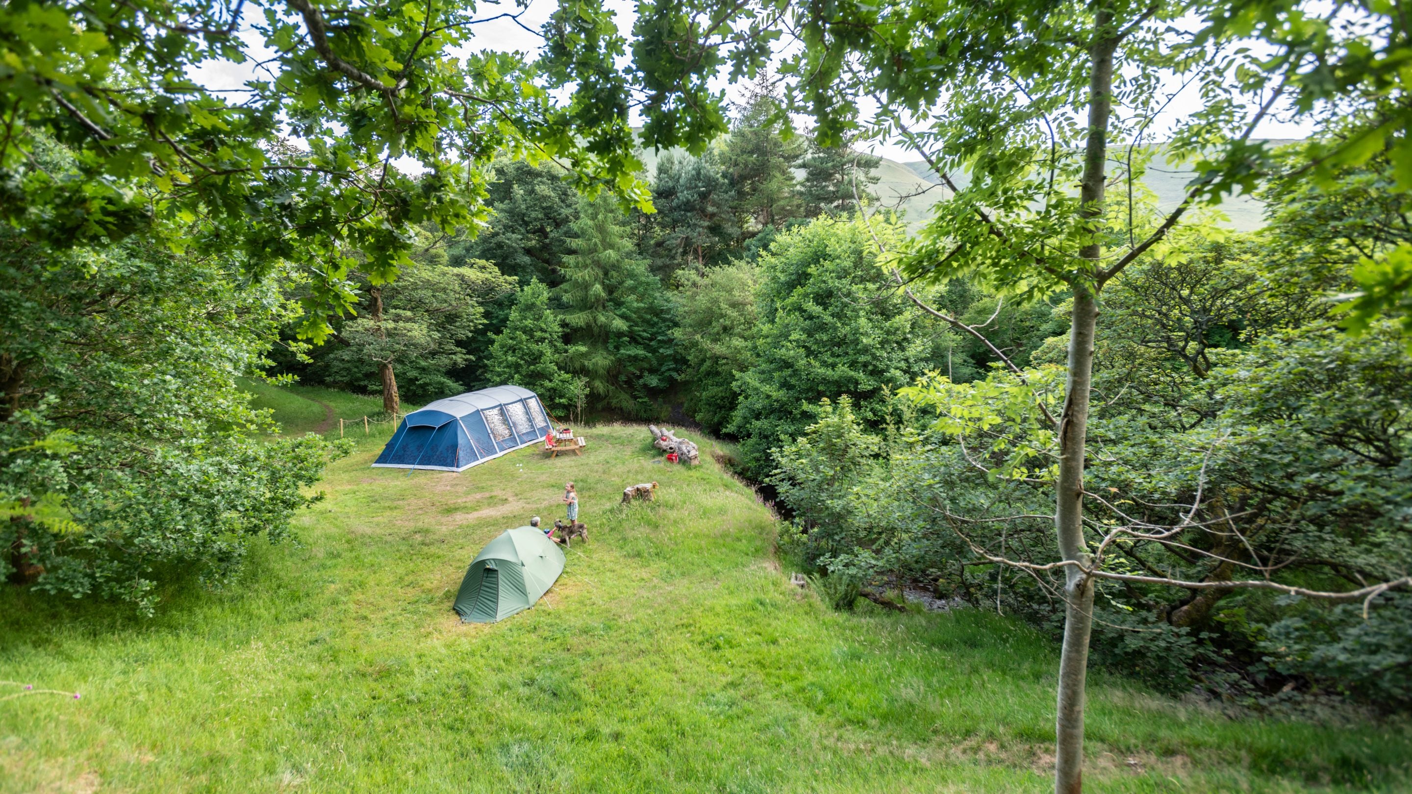 Crowden Brook large private pitch area at Upper Booth Farm Campsite, Derbyshire