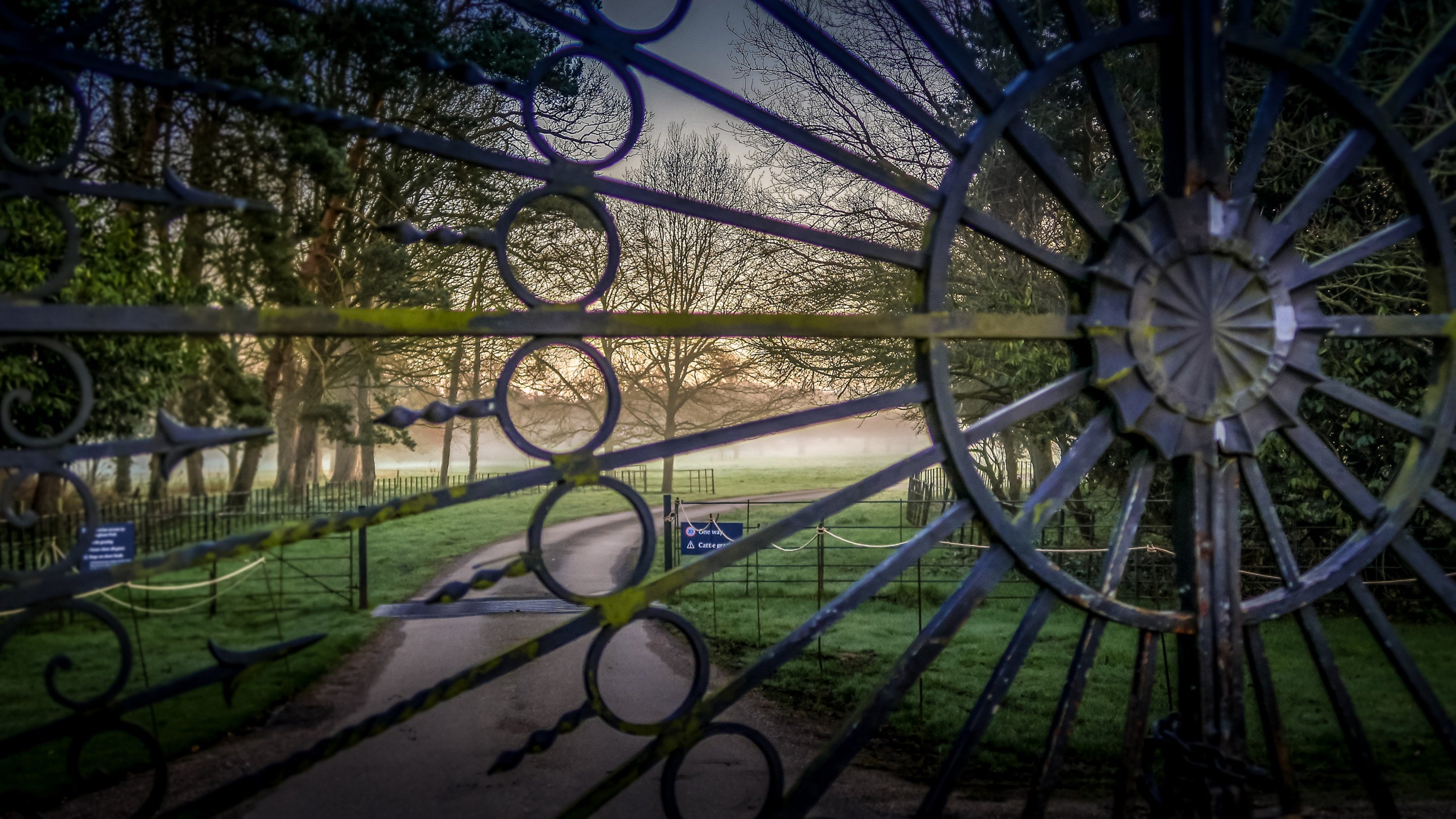 Looking through the entrance gates to Attingham Park, Shropshire