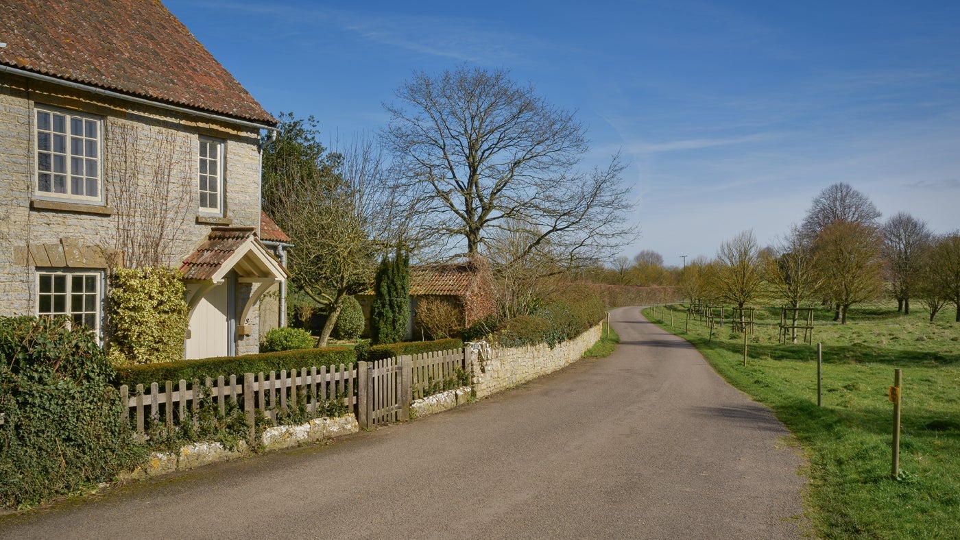 The lane to Lytes Cary Manor, passing 3 Lytes Cottage, Somerset