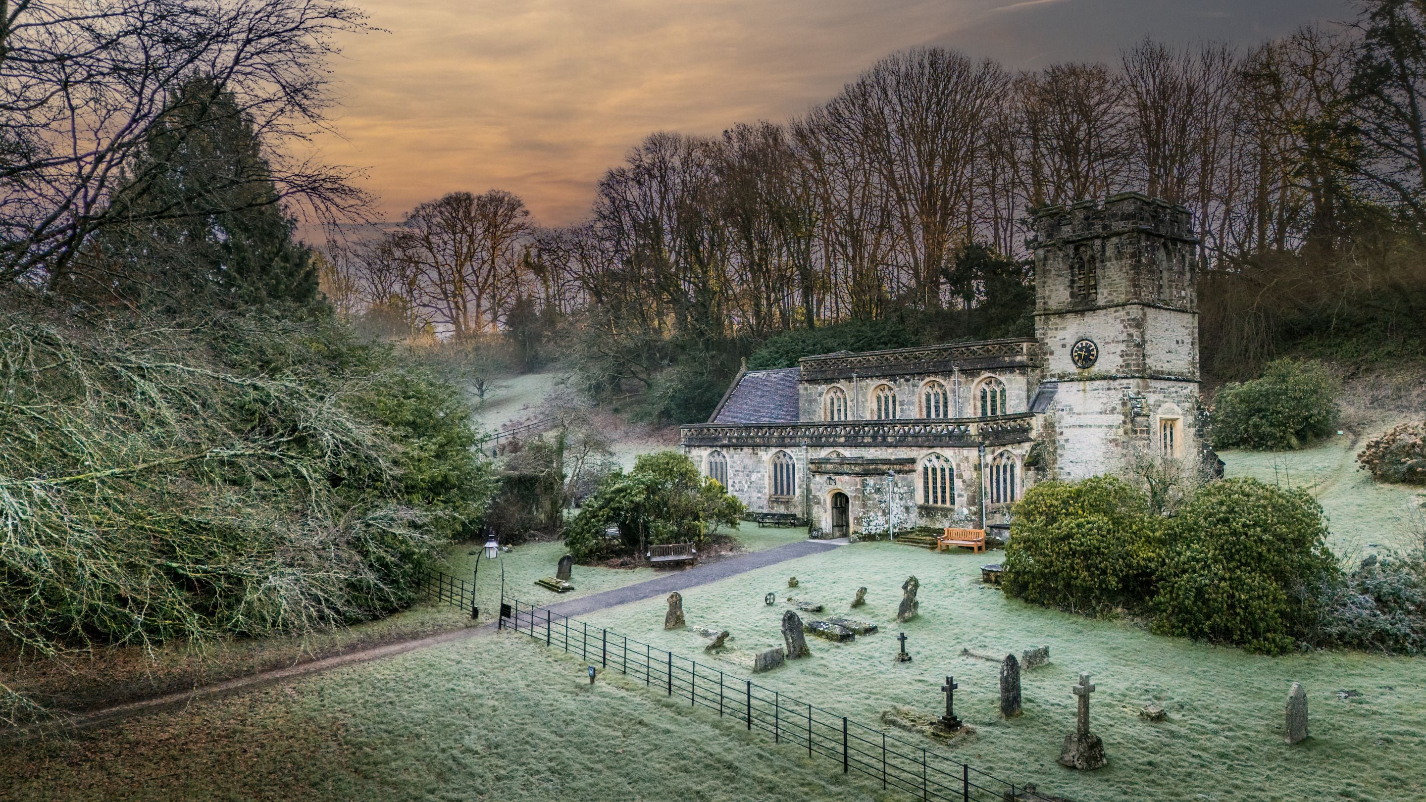 The medieval church located opposite 89 Church Lawn on a frosty morning, Wiltshire