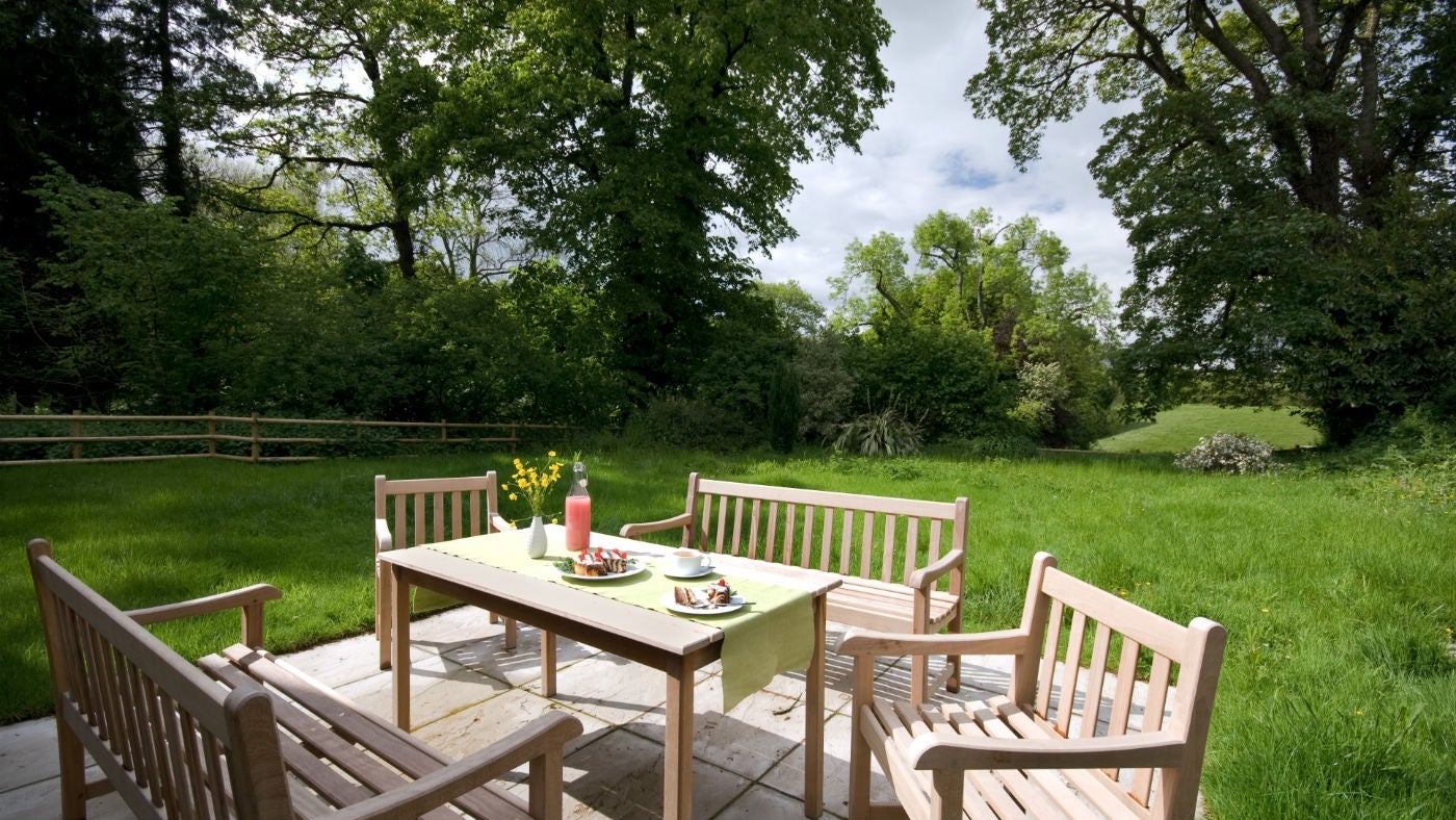 The large garden at Fyne Court Cottage, The Quantocks, Somerset