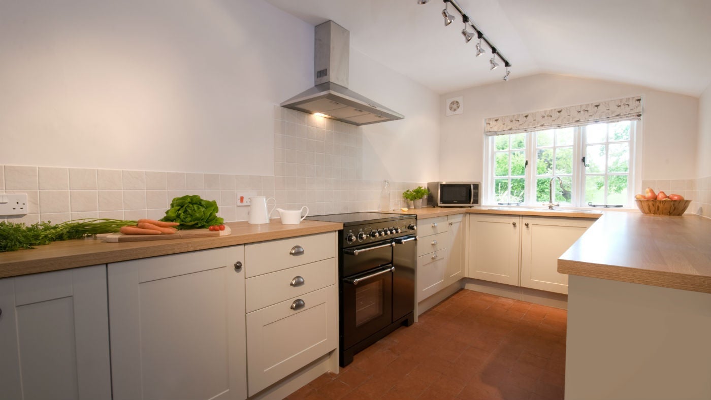 The large kitchen at Fyne Court Cottage, The Quantocks, Somerset