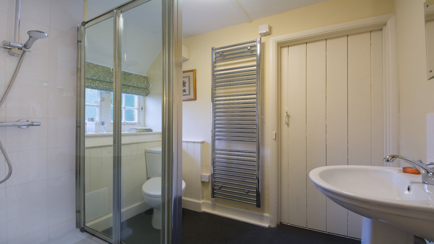 The shower room at Ivy's Cottage, Selworthy Green, Minehead, Somerset