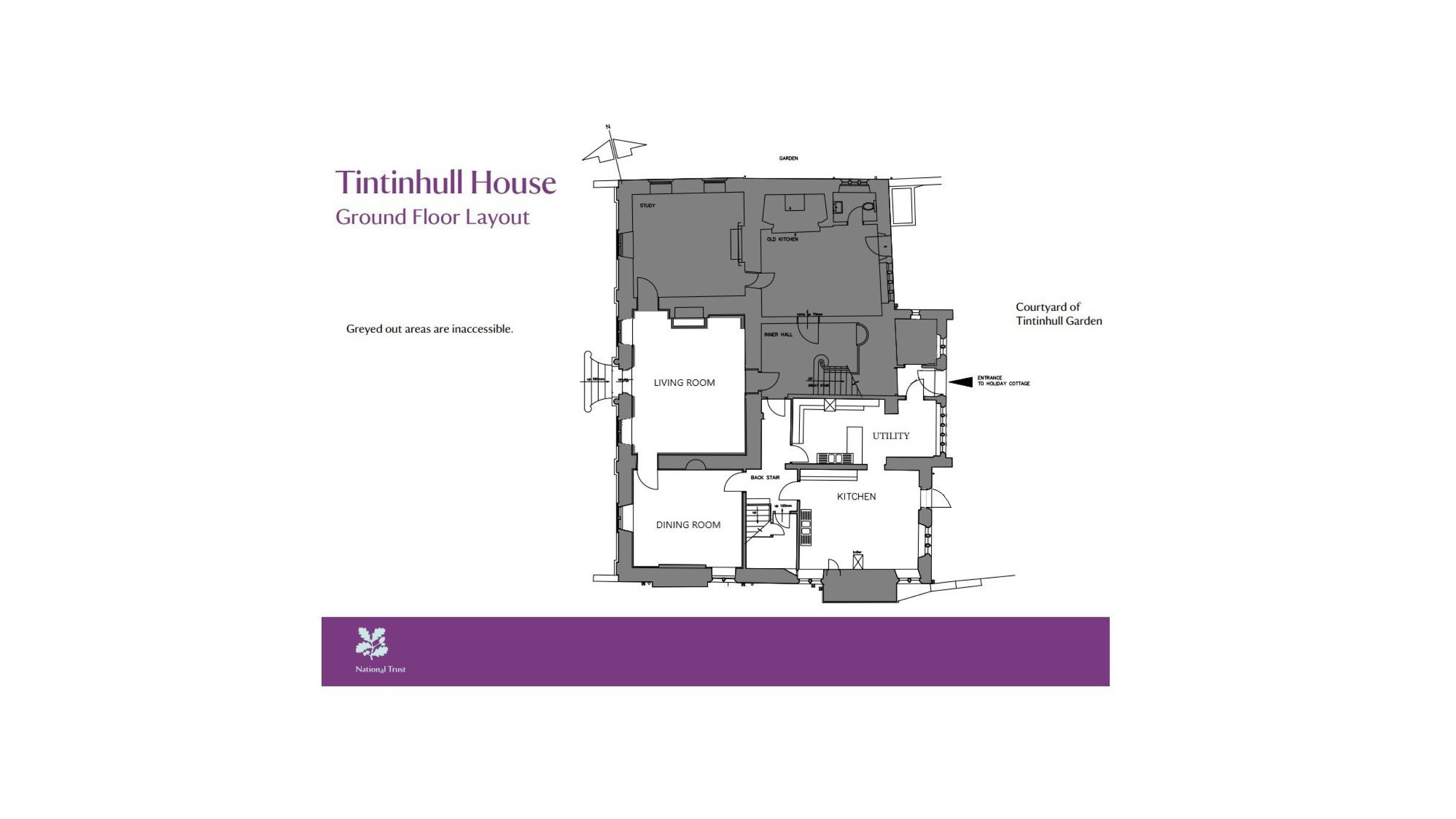 The ground floor plan for Tintinhull House, showing entrance, utility room, kitchen, sitting room and dining room.