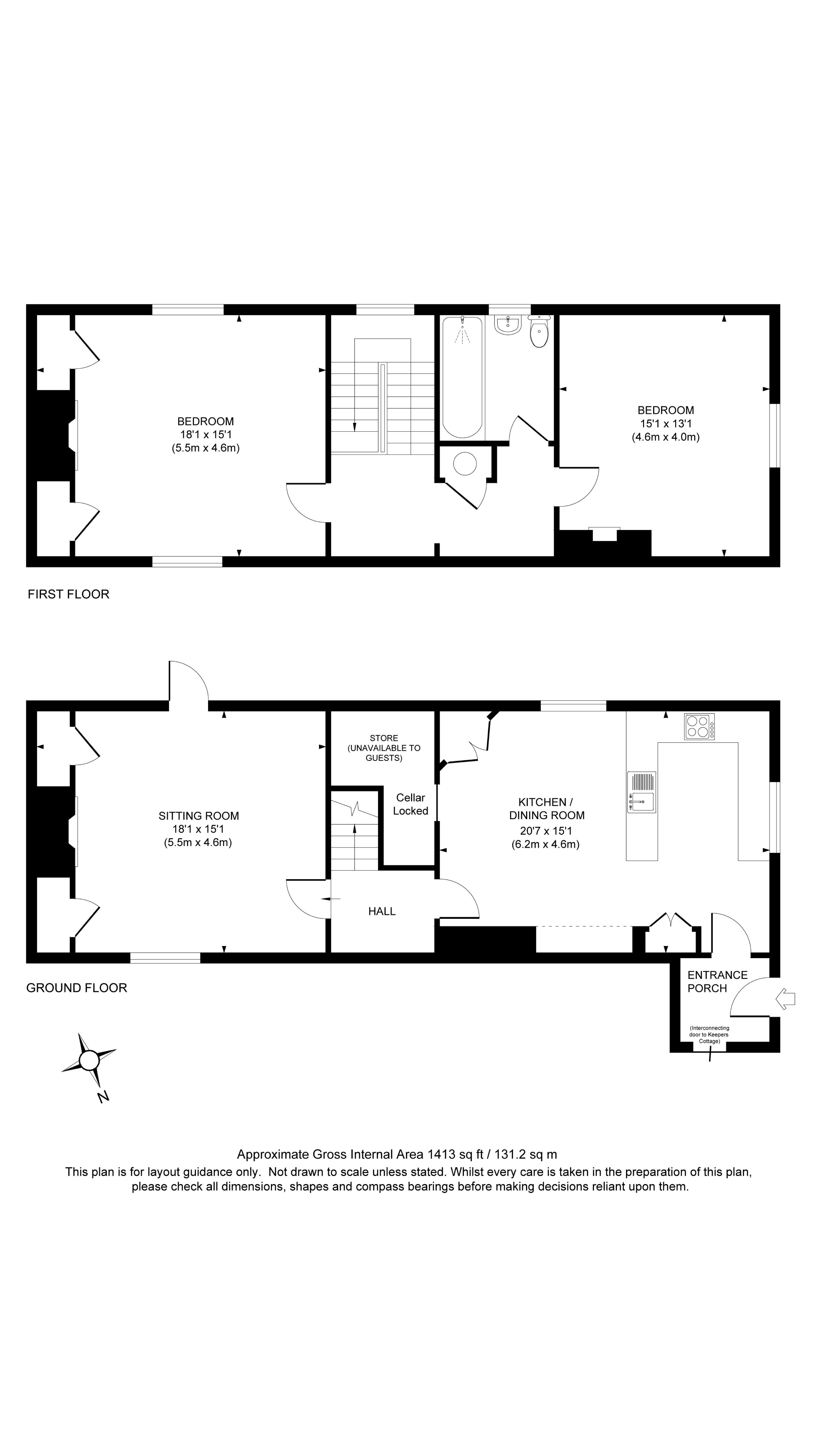 The floor plan for Carpenters Cottage, showing the ground floor with entrance porch, kitchen-diner, sitting room and hall, and the first floor with two bedrooms and a bathroom with shower over bath.
