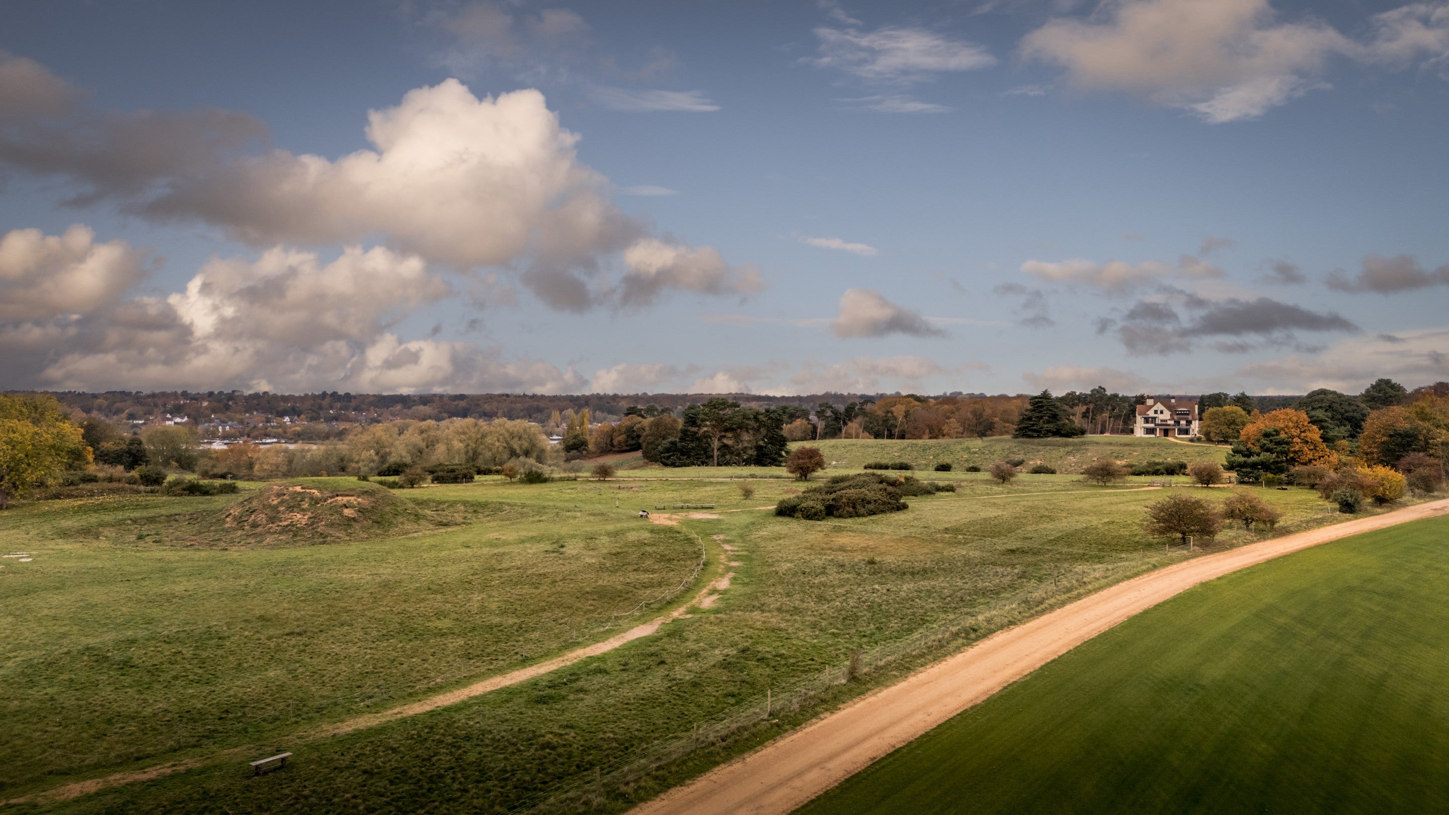 An aerial view of the Royal Burial Ground at Sutton Hoo and Tranmer House, Suffolk