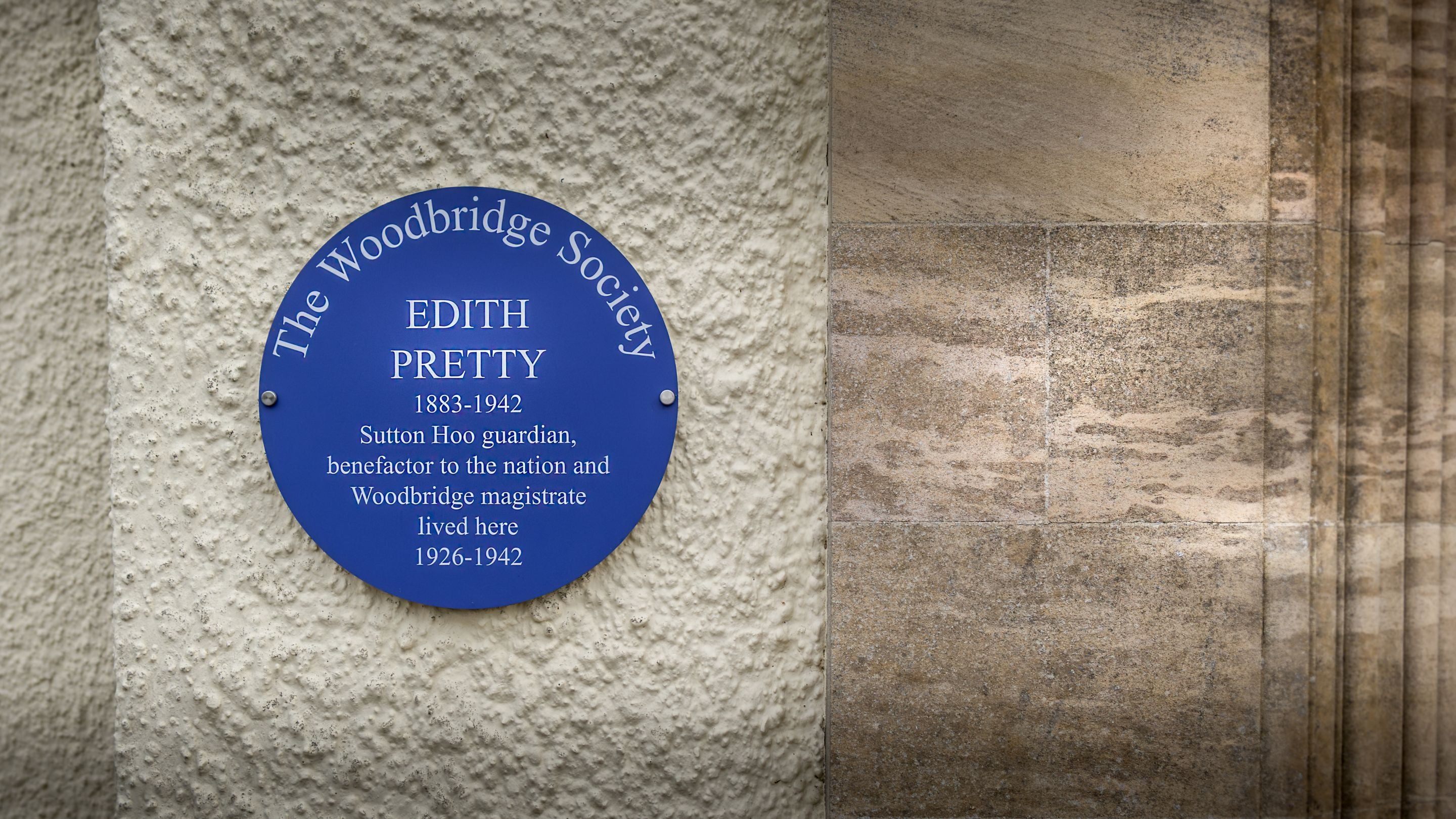The commemorative blue plaque for Edith Pretty at Tranmer House, Suffolk