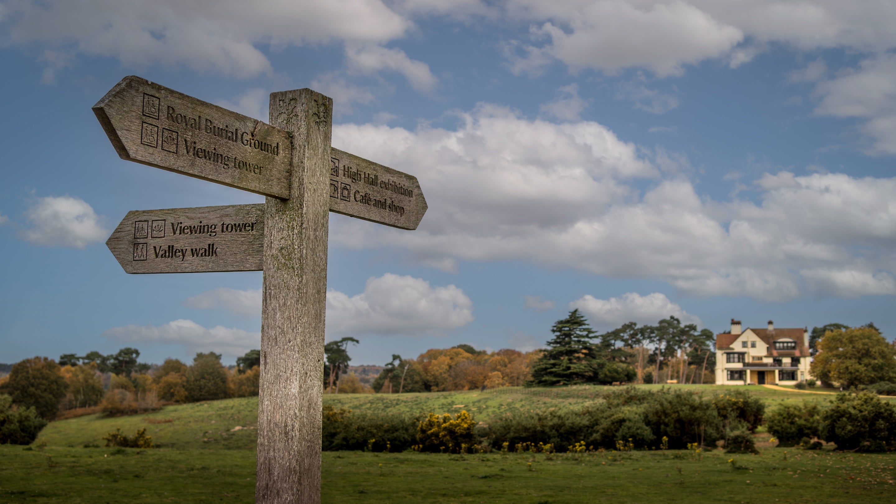 Footpath signs at Sutton Hoo, with Tranmer House in the background, Suffolk