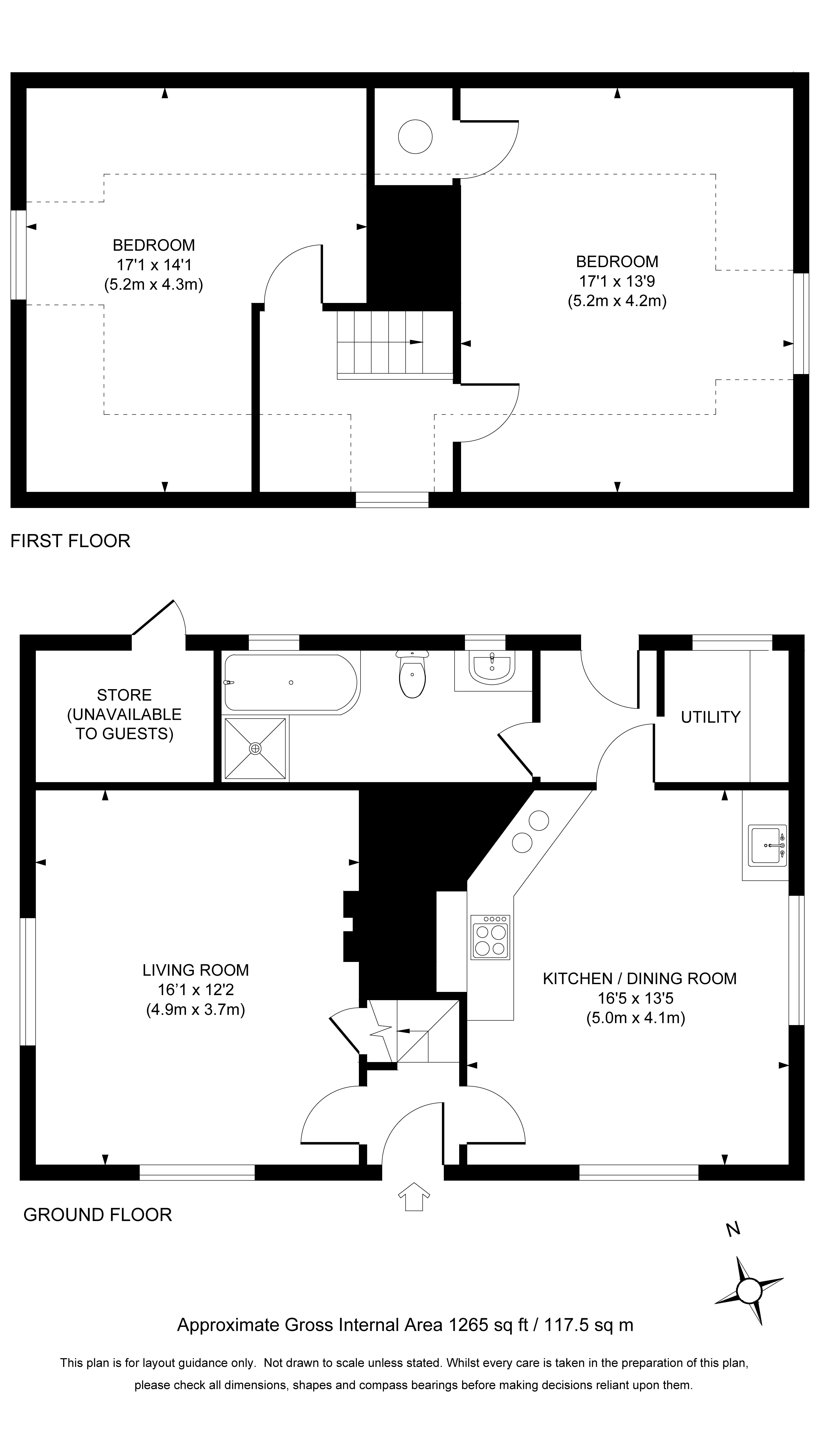 The floor plan for Horringer Park Gates, showing the ground floor with sitting room, kitchen, utility room and bathroom, and first floor with two bedrooms