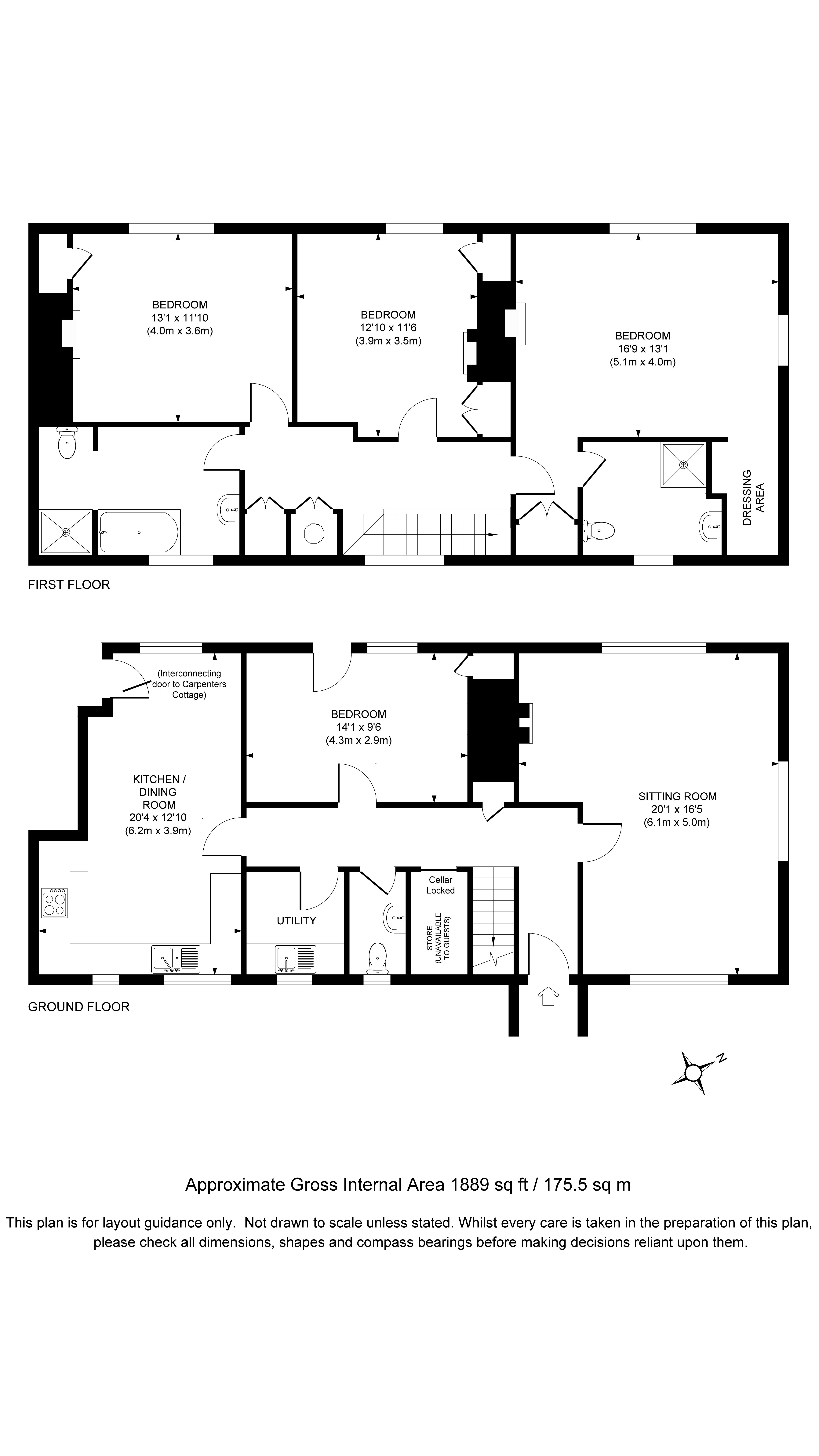 The floor plan for Ickworth Keeper's Cottage, showing the ground floor with sitting room, kitchen, utility room, one bedroom and toilet, and the first floor with three bedrooms, shower room and bathroom
