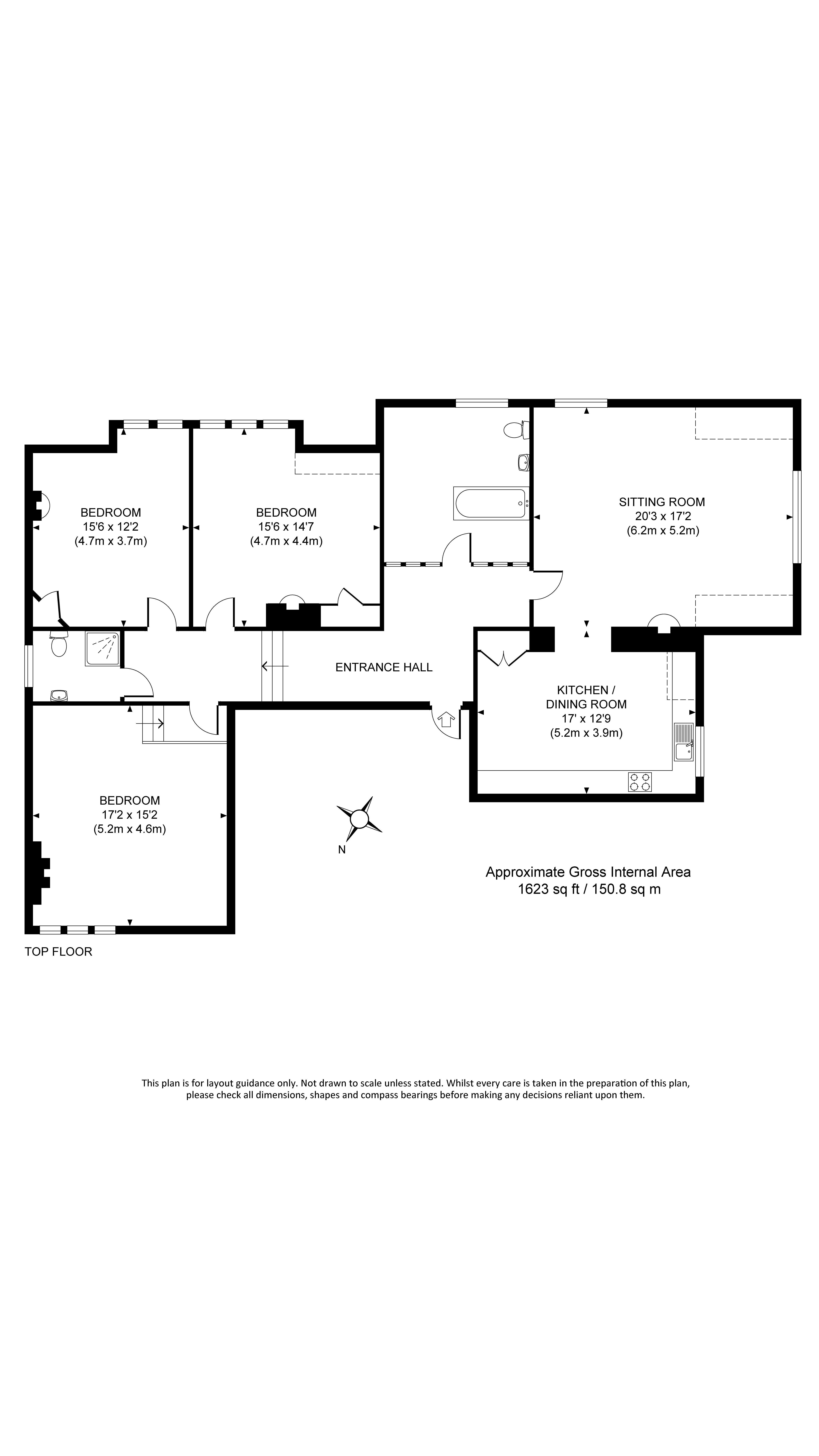 The floor plan for Kyson, showing sitting room, kitchen, three bedrooms, shower room and bathroom