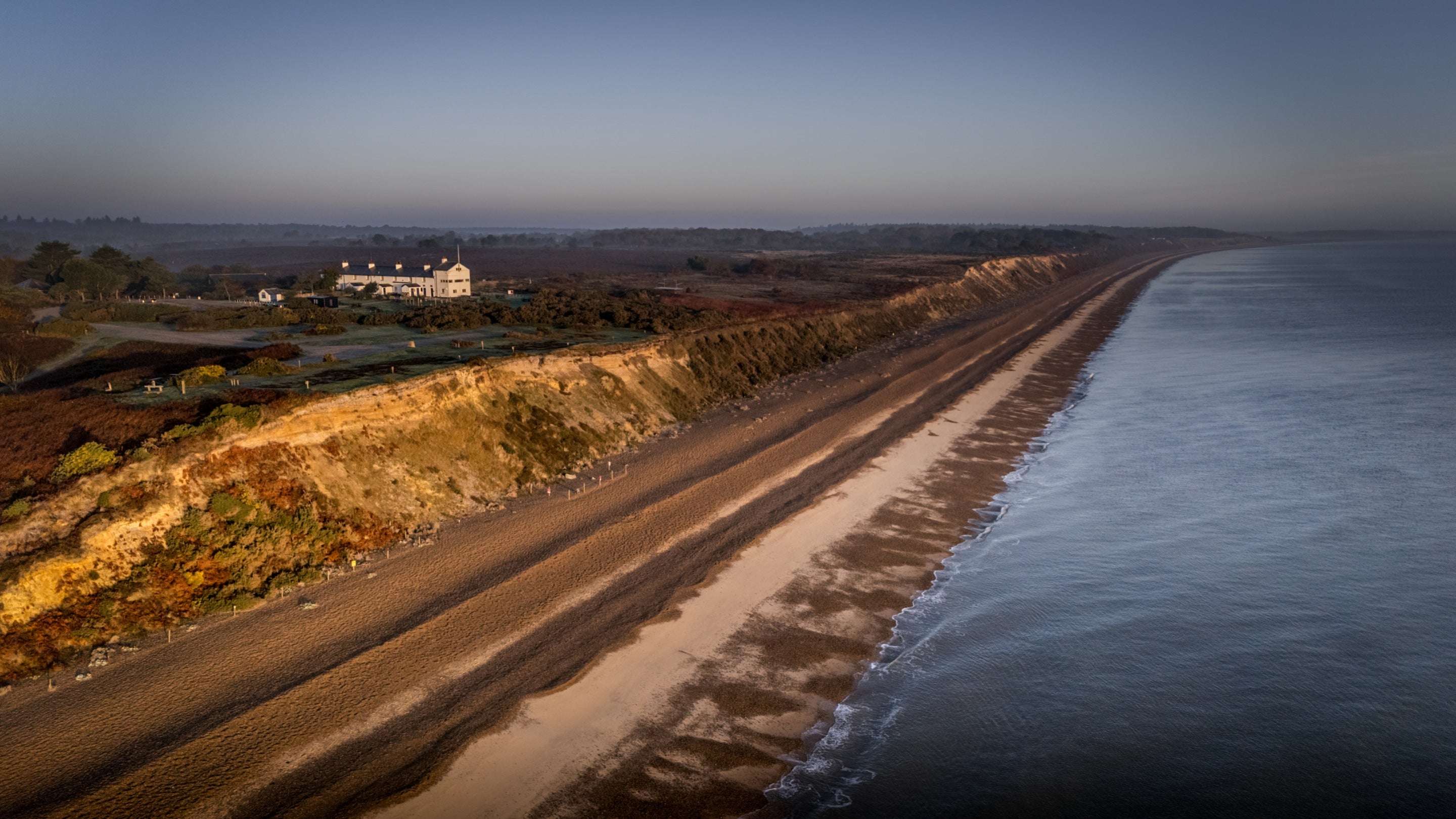 The exterior of Nightjar, Stonechat and Woodlark surrounded by Dunwich Heath and Beach, Suffolk