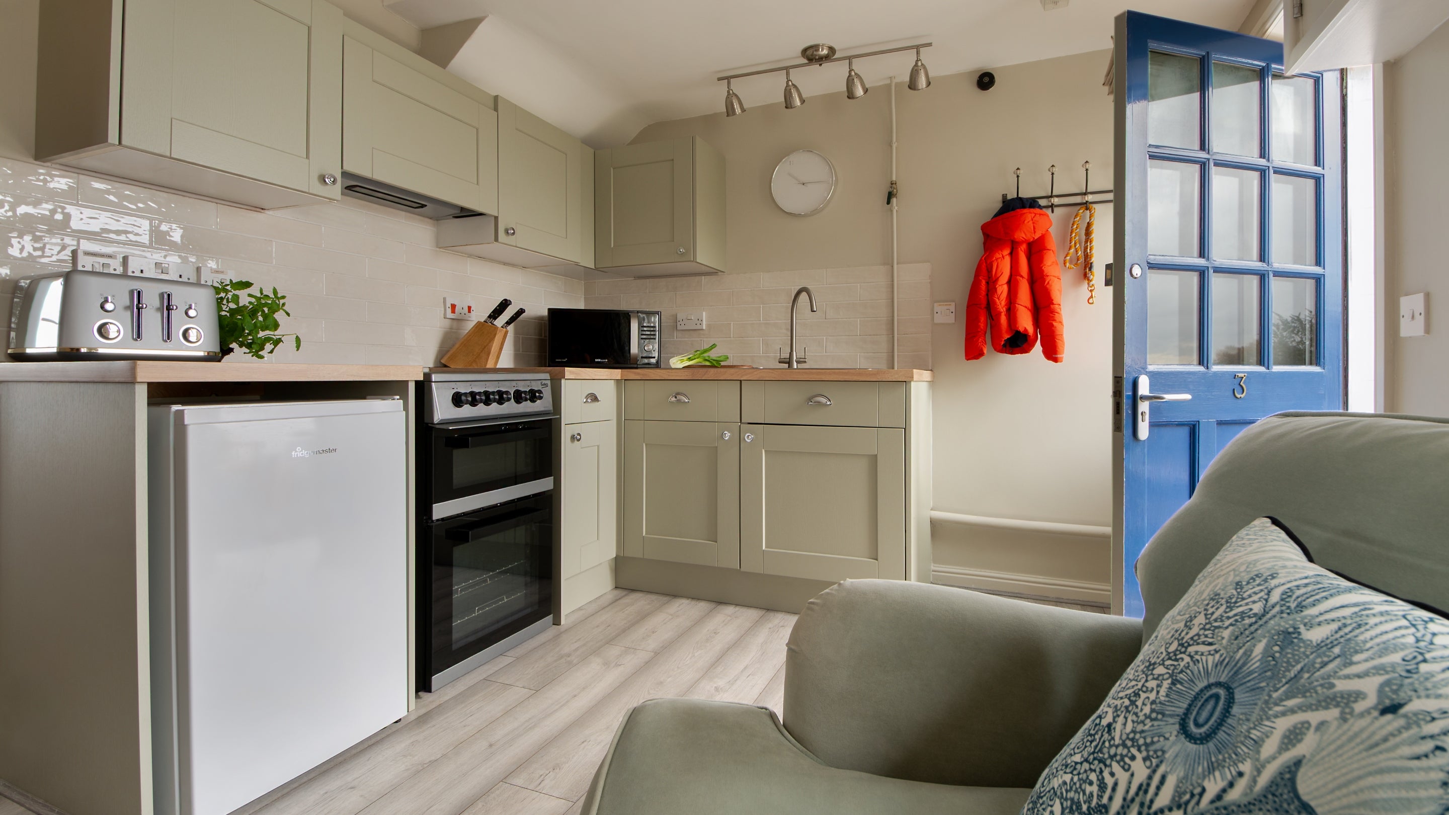 The open plan kitchen and seating area at Nightjar, Suffolk