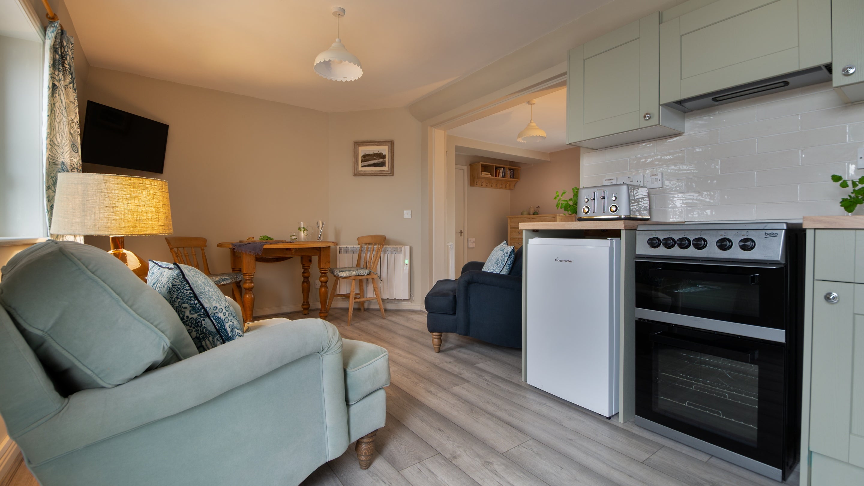 The open plan kitchen, dining and seating area at Nightjar, Suffolk