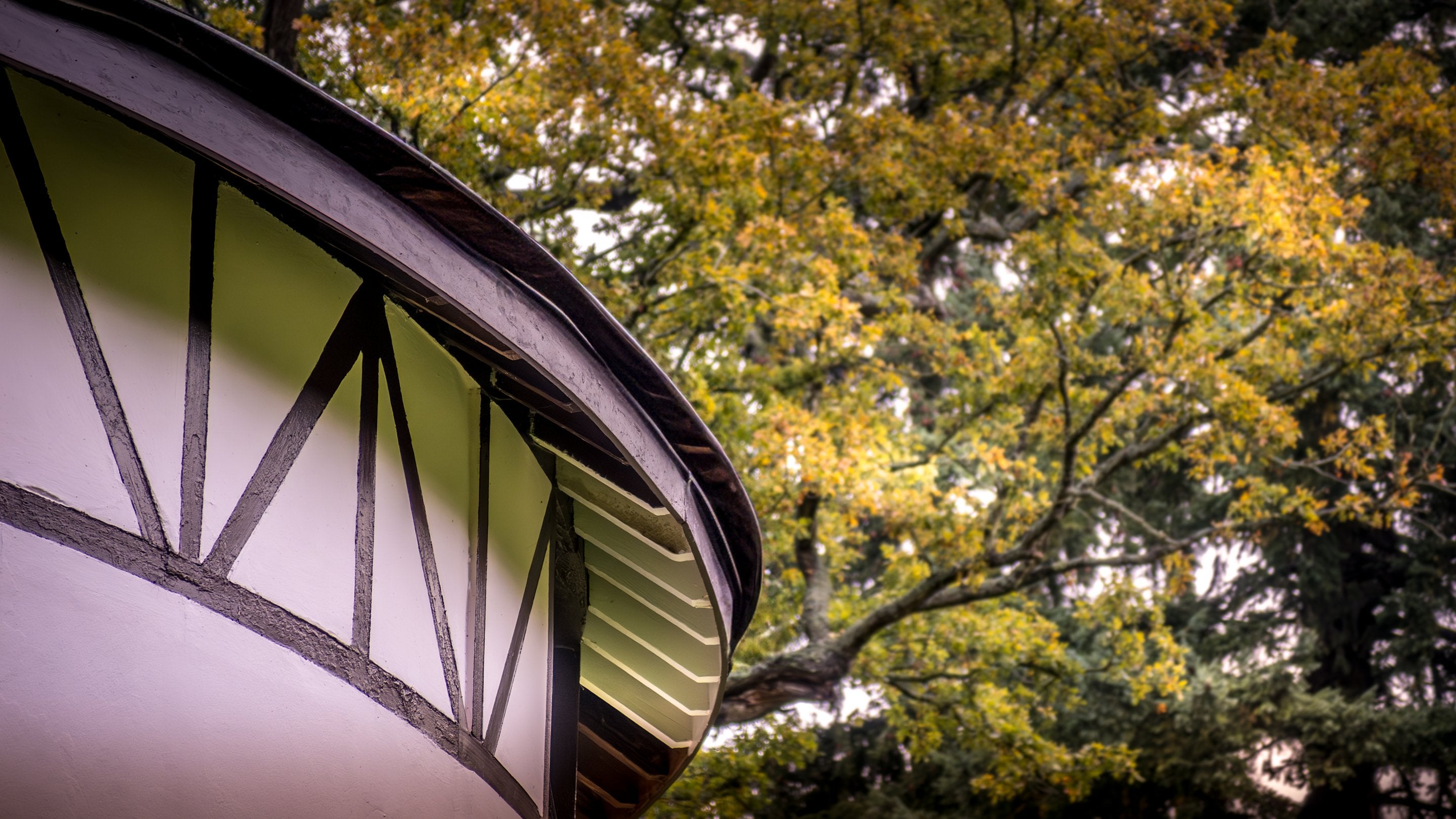 Looking up at the edge of the curved roof of The Round House, Suffolk