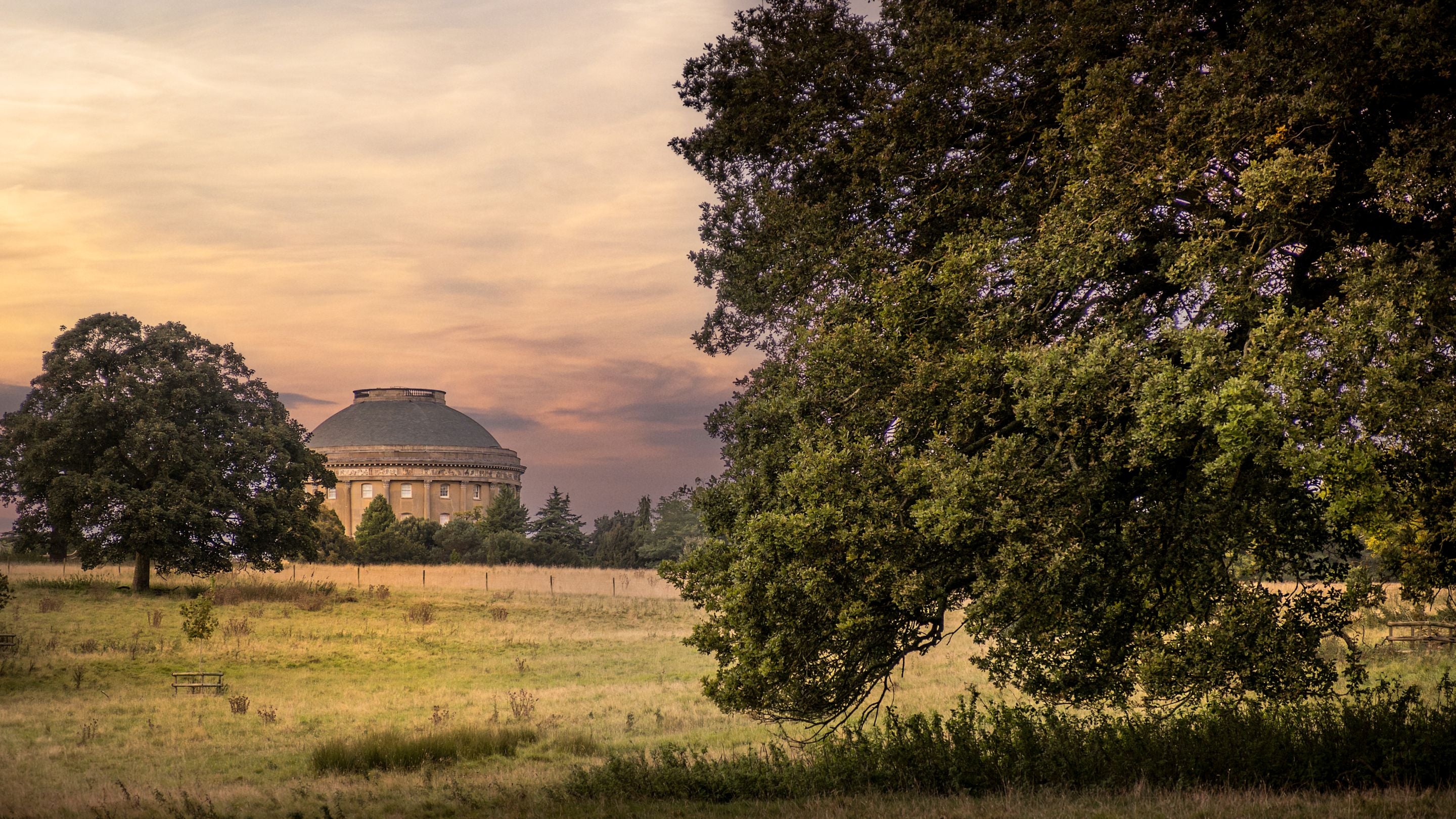 The grassy parkland at the Ickworth Estate, with The Rotunda in the background, Suffolk
