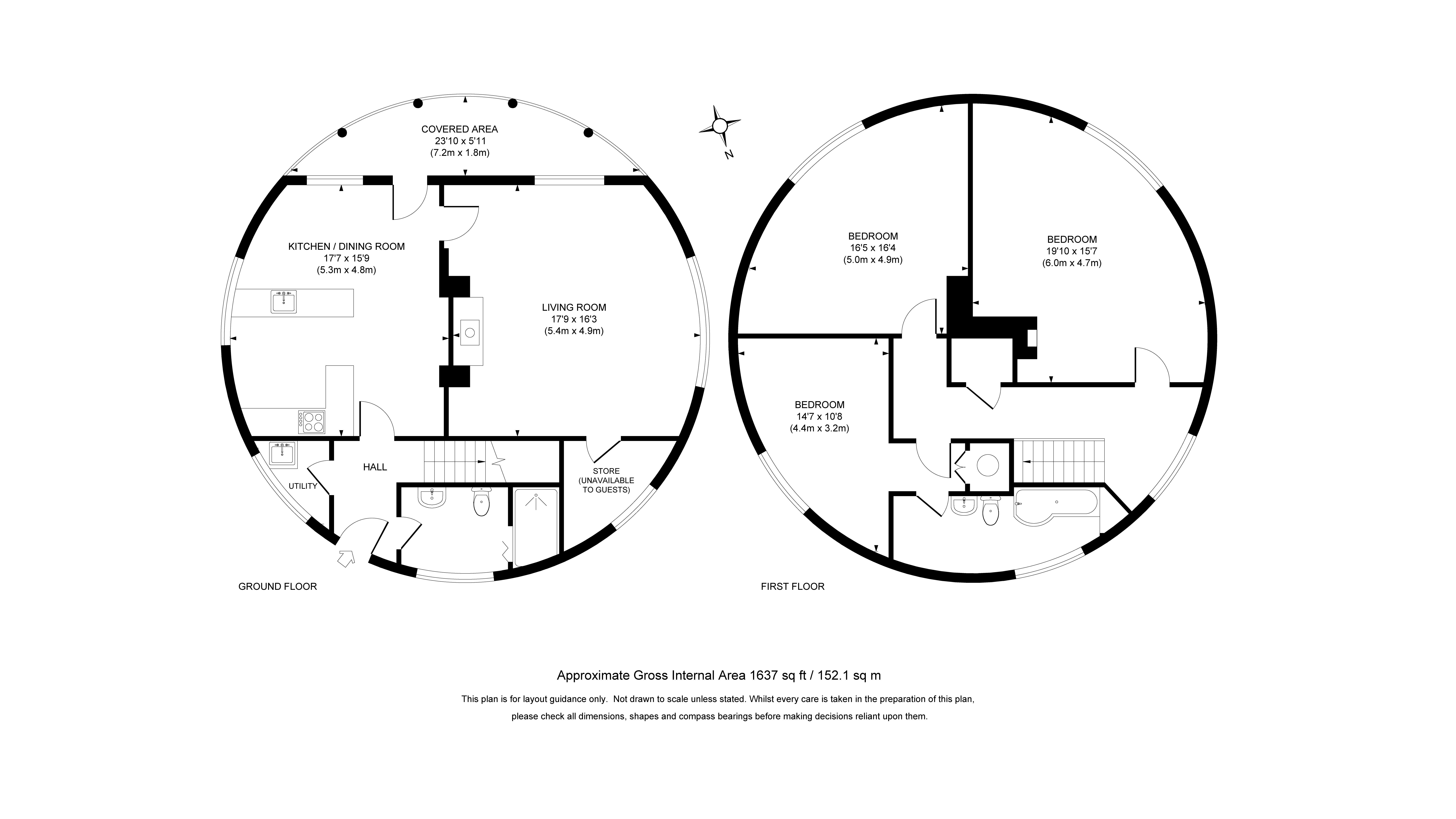 The floor plan for The Round House, showing the ground floor with entrance hall, utility room, shower room, open-plan kitchen and dining room, sitting room and covered outdoor patio, and the first floor with three bedrooms and a bathroom.