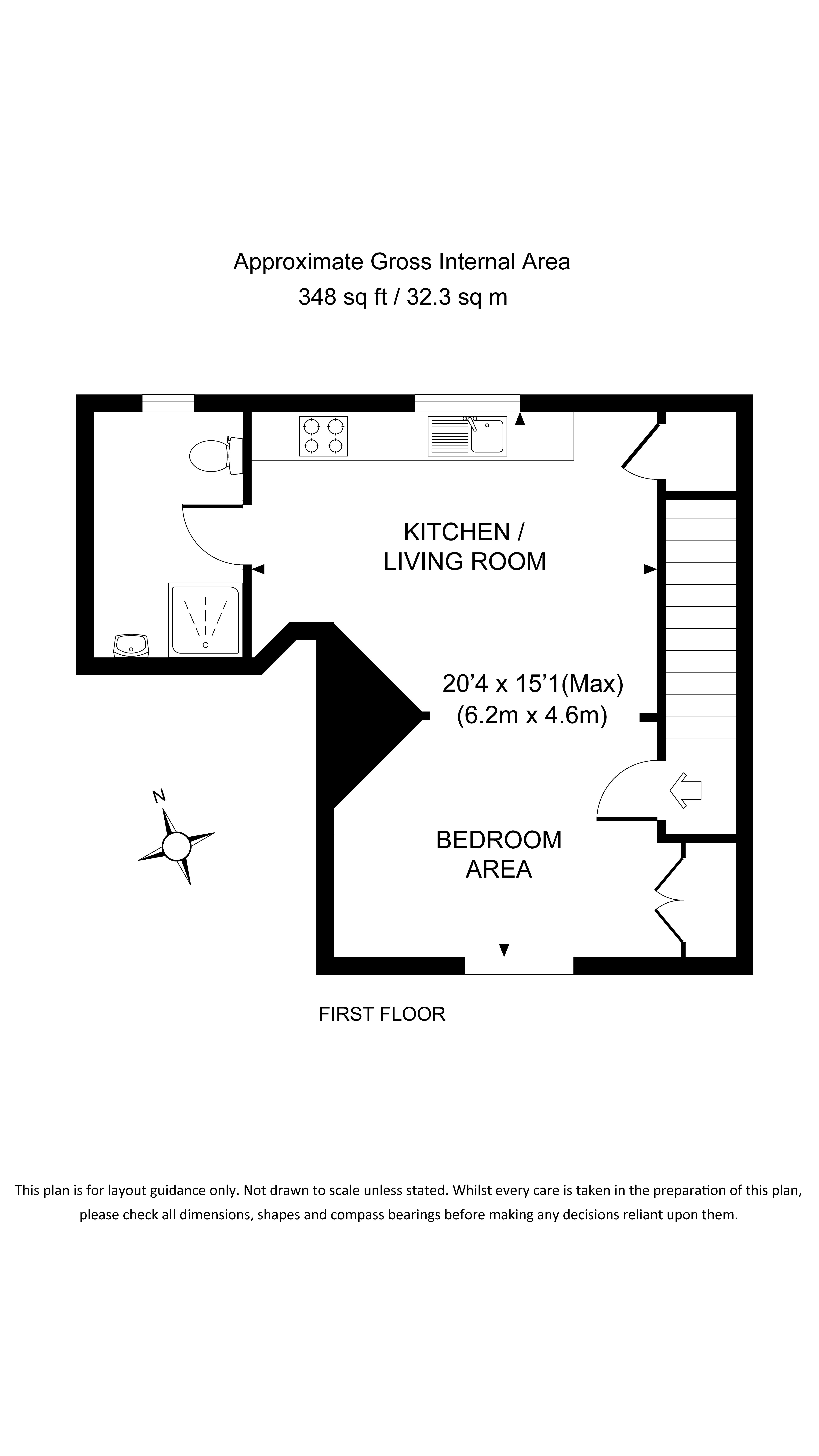The floor plan for Stonechat, showing the stairs to the first floor, front door, open-plan living space with kitchen, dining and sitting areas and double bed and the shower room.
