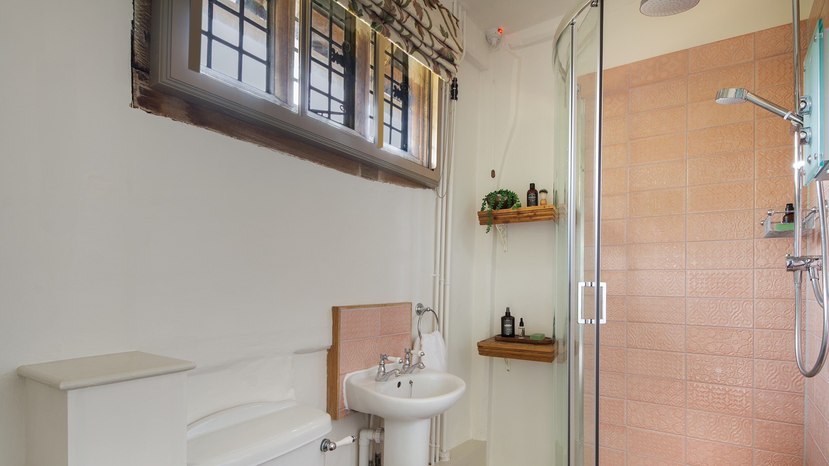 The en-suite shower room of Bedroom 2 'Strutt,' on the first floor of Thorington Hall, Suffolk