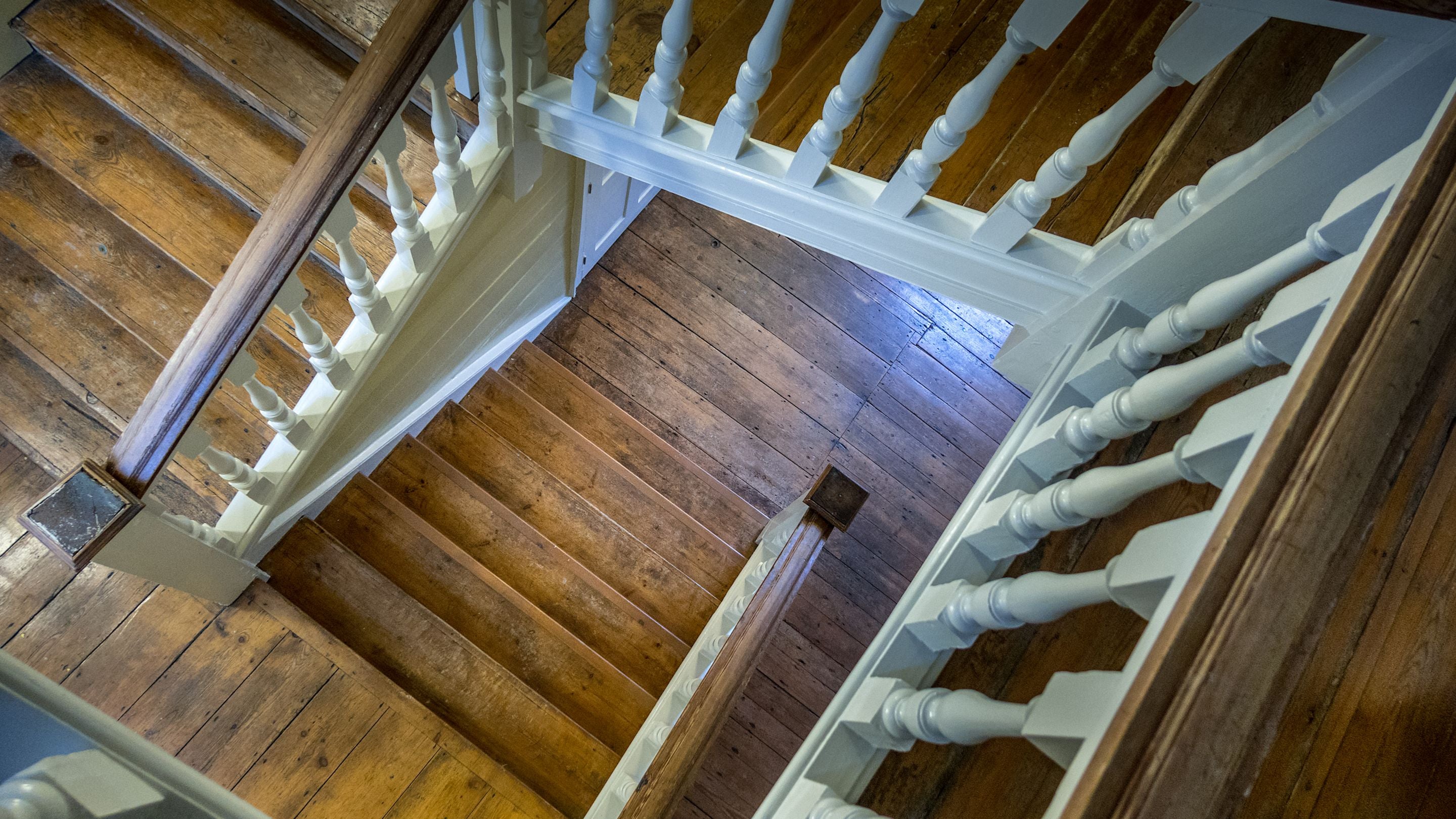 Looking down the east staircase at Thorington Hall, Suffolk