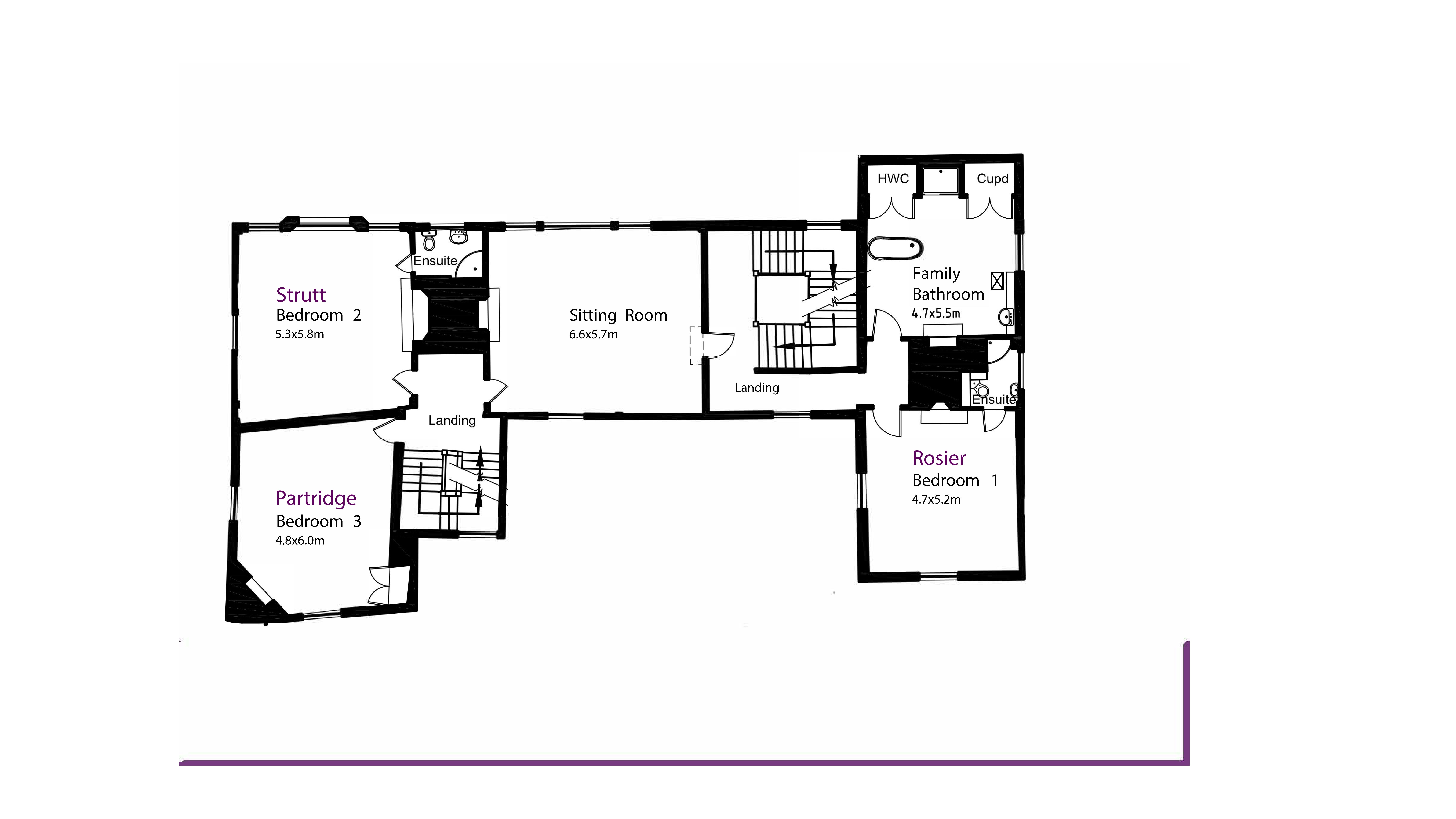 The first floor plan for Thorington Hall, showing two staircases, two halls, sitting room, one bedroom with an en-suite shower room, two other bedrooms and a bathroom.
