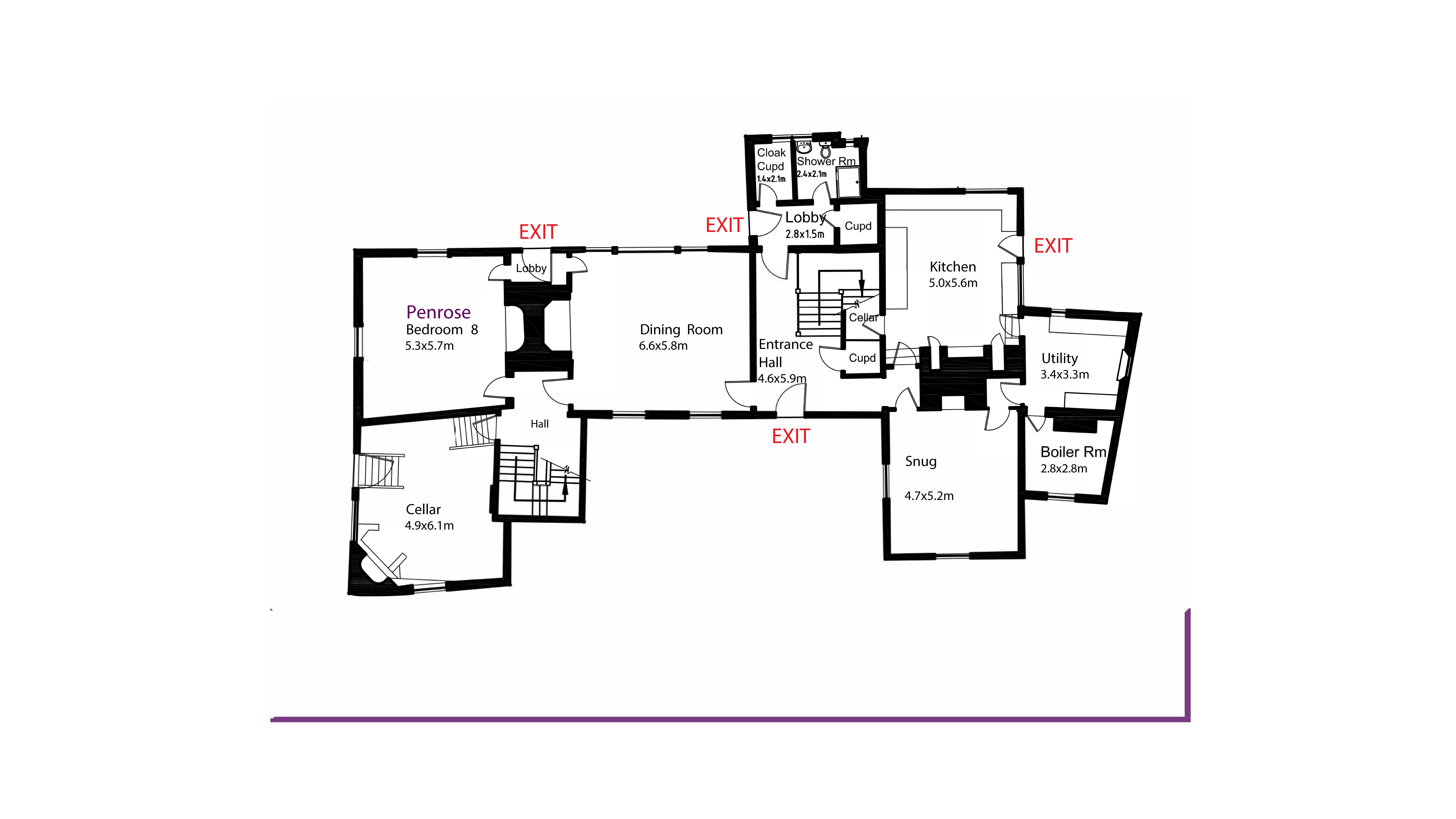 The ground floor plan for Thorington Hall, showing the entrance hall, kitchen, utility room, dining room, snug, one bedroom, shower room and two staircases to the first floor.