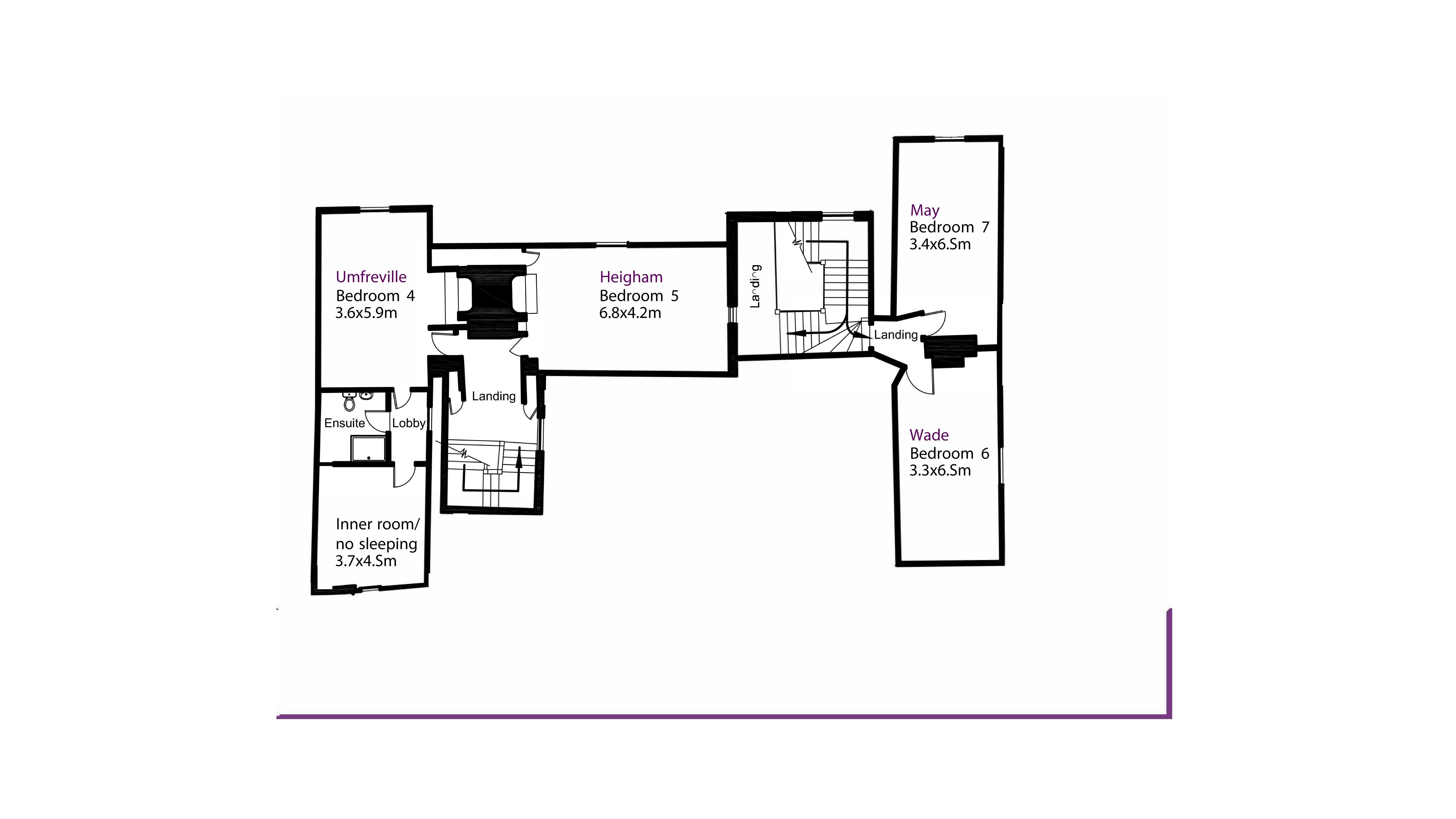 The second floor plan for Thorington Hall, showing two staircases, two halls, one bedroom with en-suite shower room and three further bedrooms.