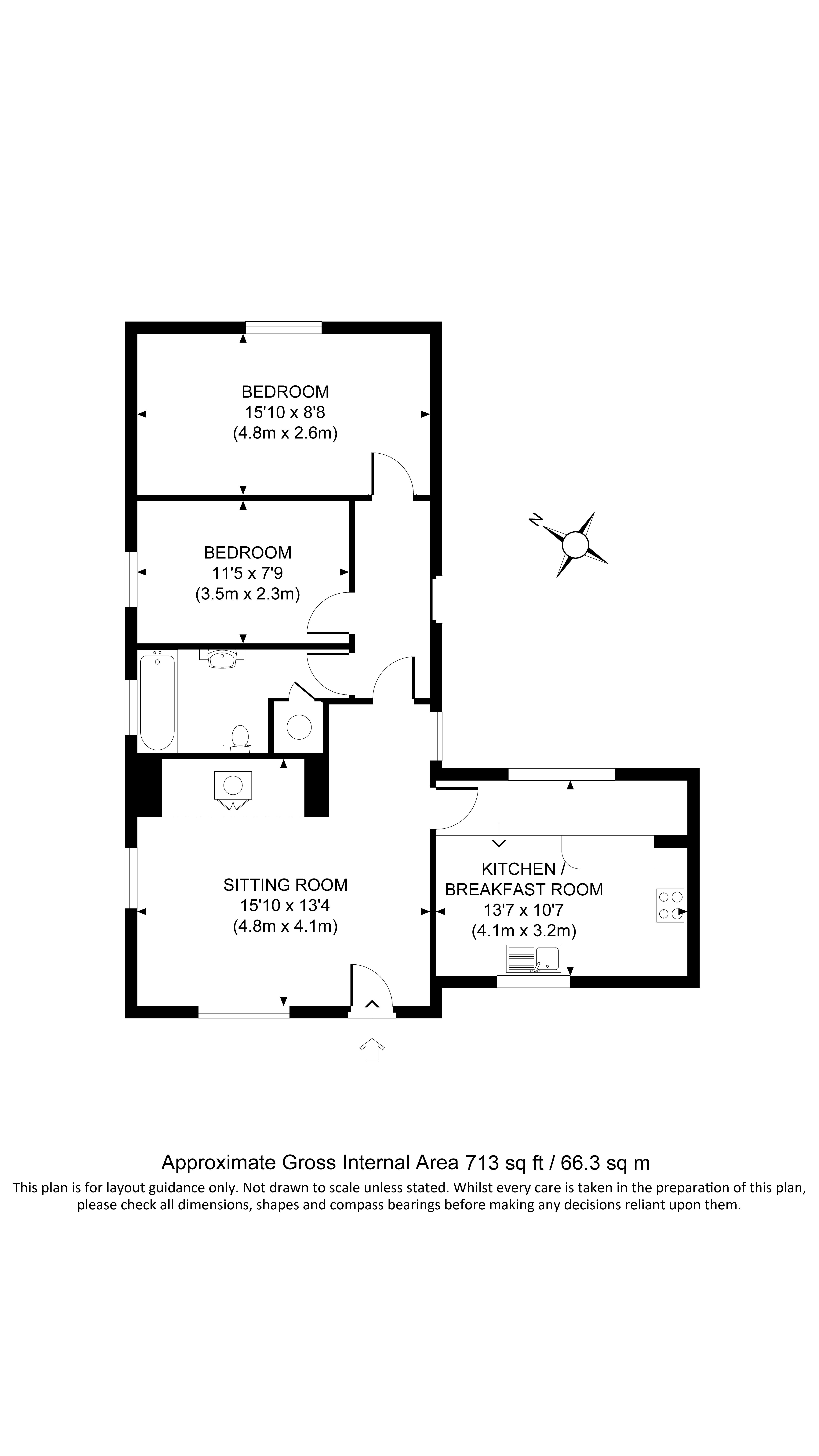 The floor plan for Thorington Lodge, showing sitting room with dining area, kitchen, hall, two bedrooms and a bathroom.