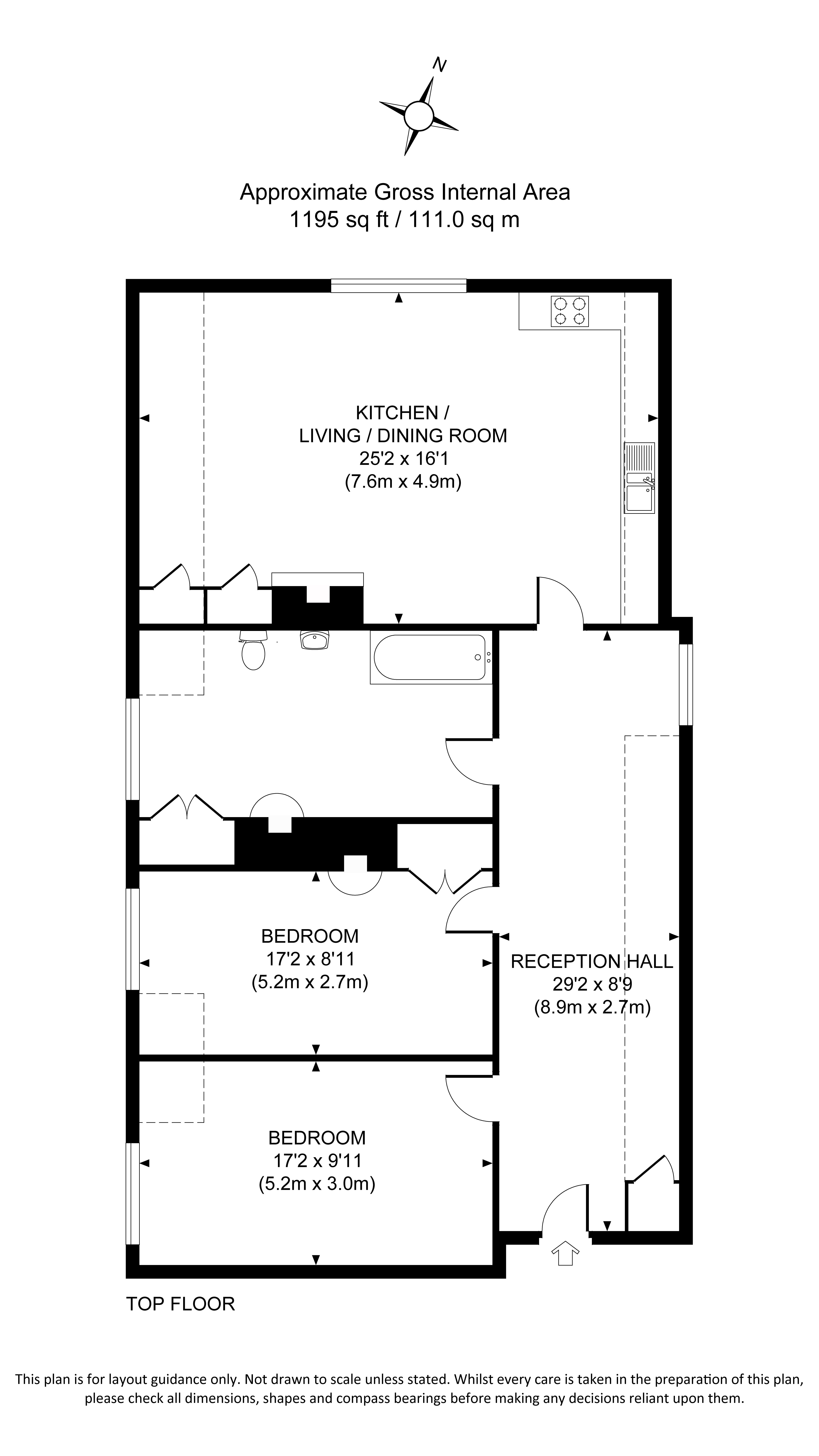 The floor plan for Wilford, showing the entrance to the apartment, the hall, open-plan kitchen, dining and sitting room, two bedrooms and the bathroom.