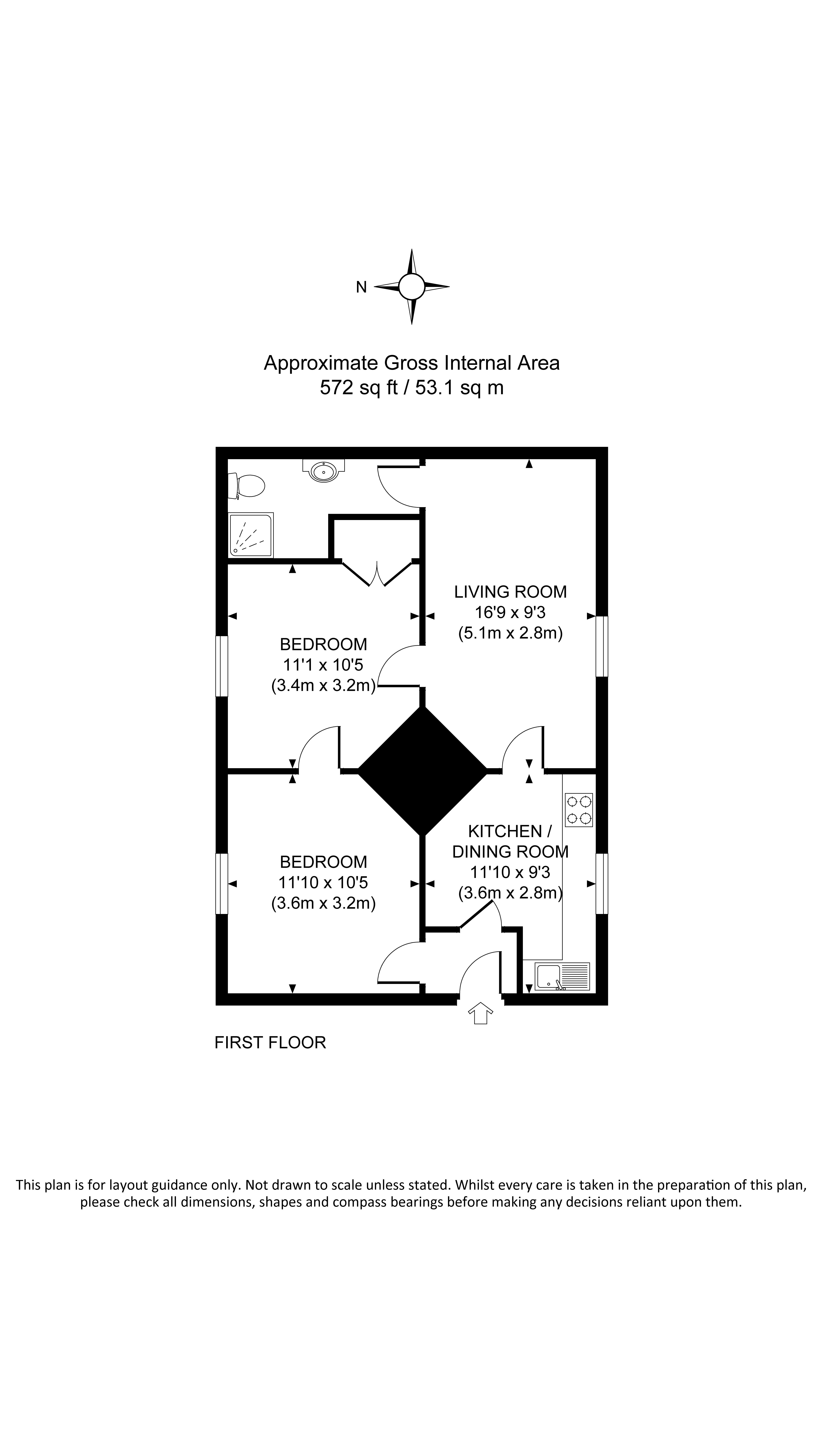 The floor plan for Woodlark showing the apartment's entrance, kitchen-diner, sitting room, two bedrooms and shower room.