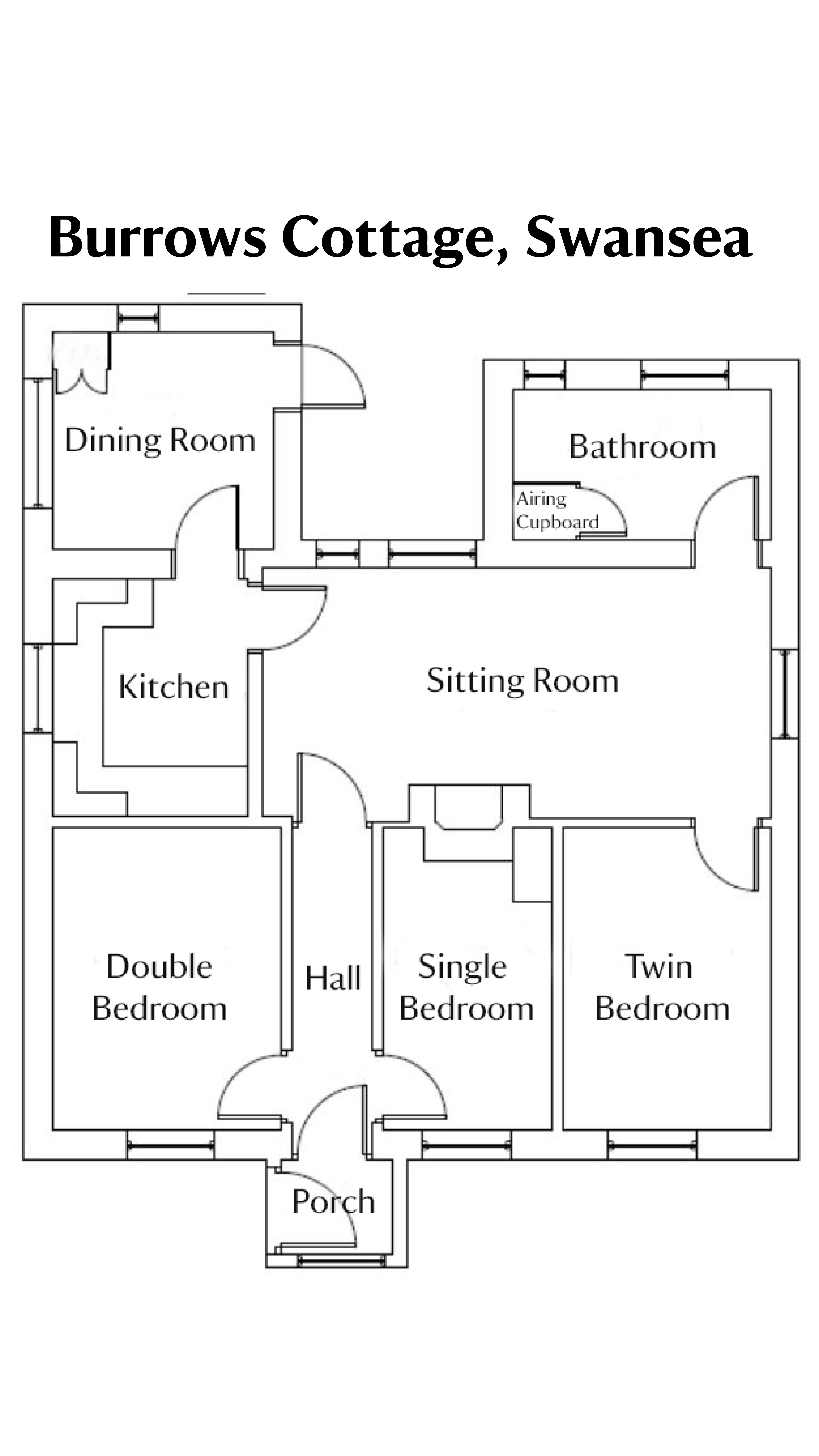 The floor plan for Burrows Cottage showing the ground floor with sitting room, kitchen, dining room, bathroom and three bedrooms.