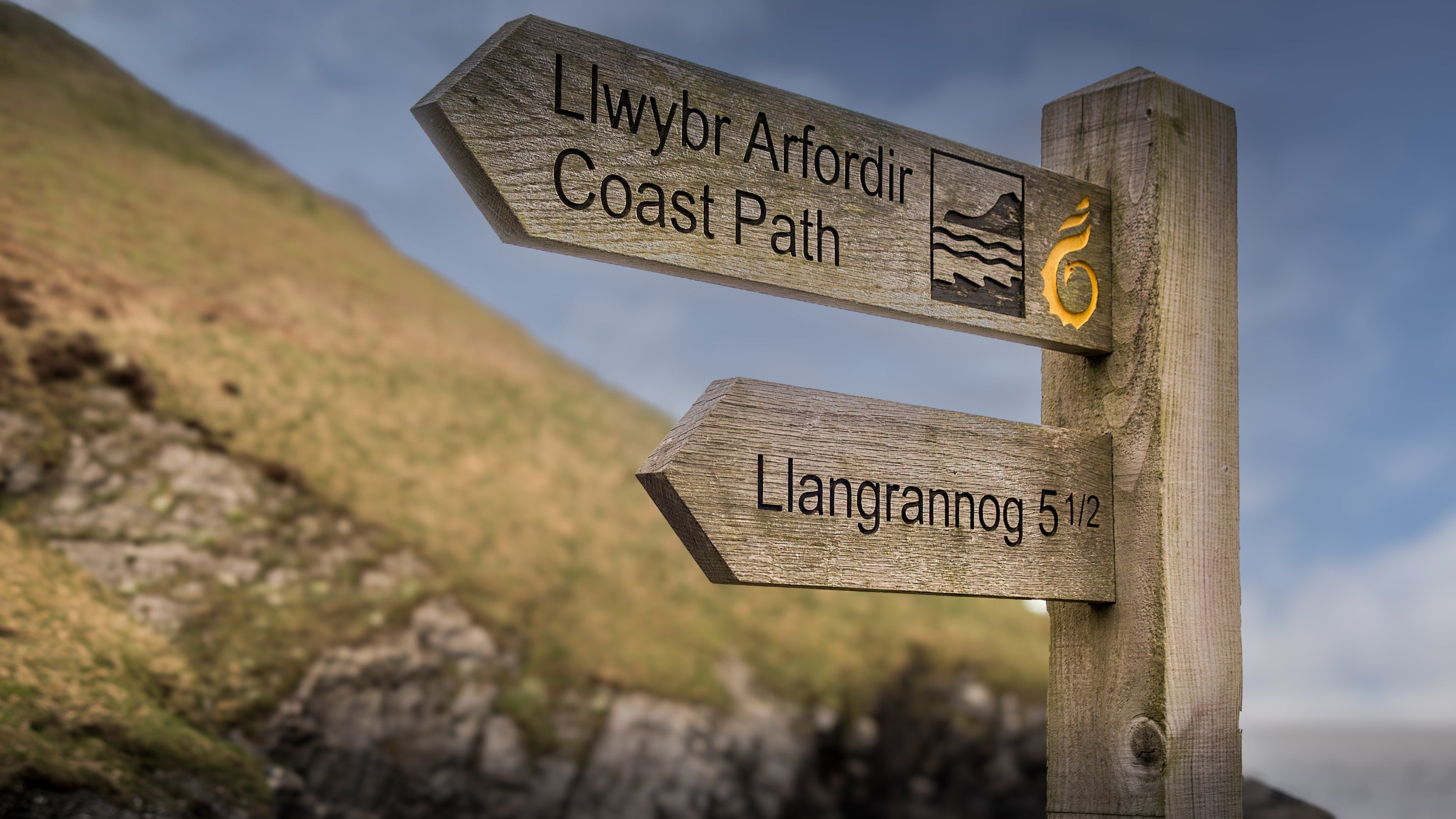 Signs for the coast path near Caerllan, Ceredigion