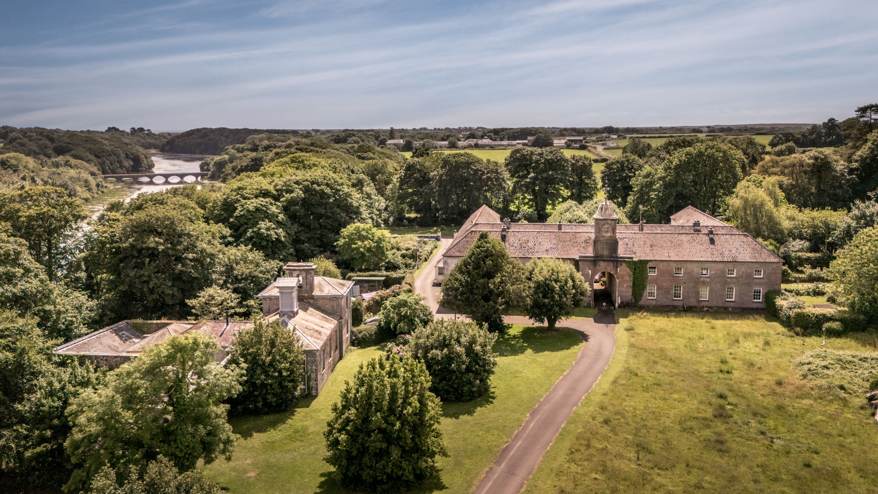 An aerial view of the building containing Cawdor (on the left) and the old stable block (on the right), Pembrokeshire