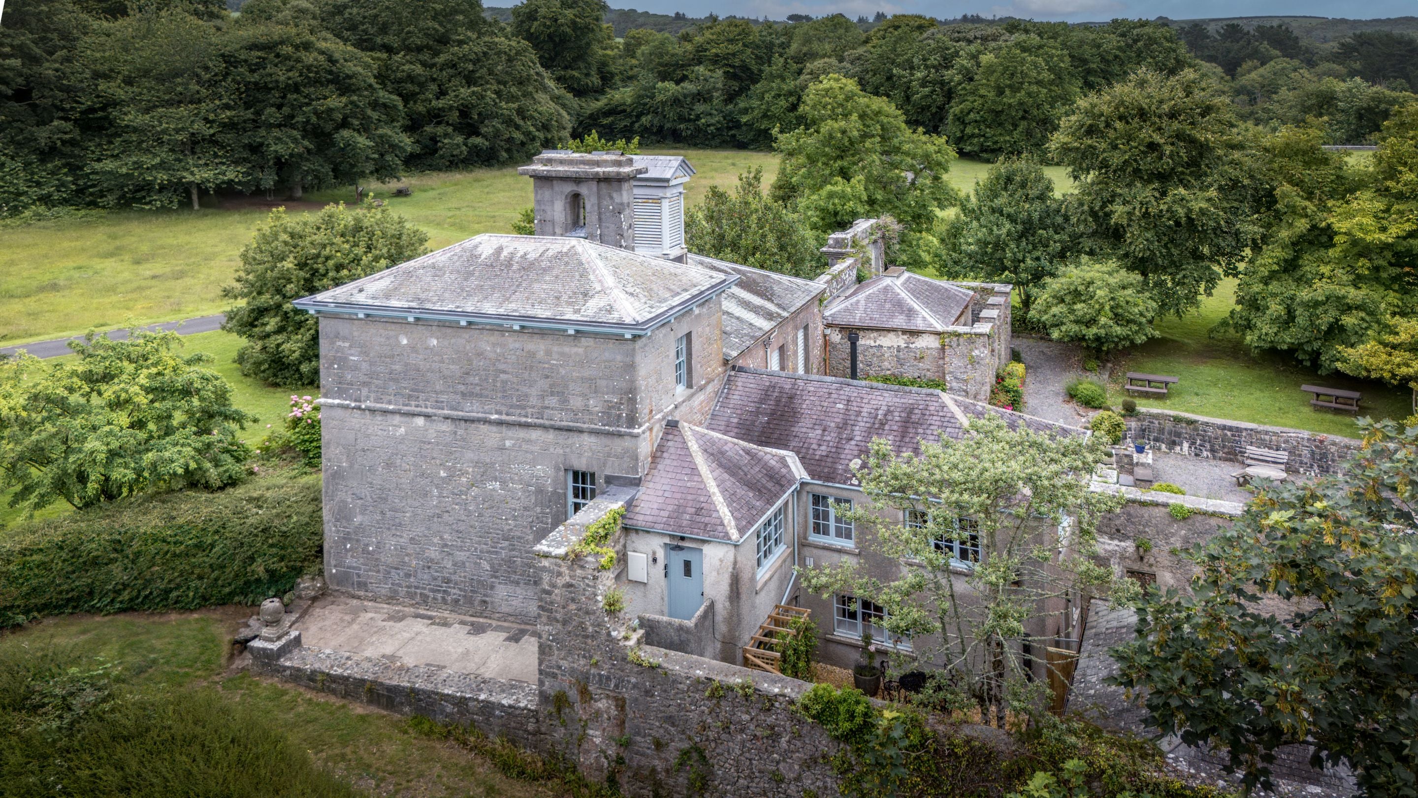 An aerial view of Cawdor, the adjoining buildings and Cawdor's courtyard garden, Pembrokeshire