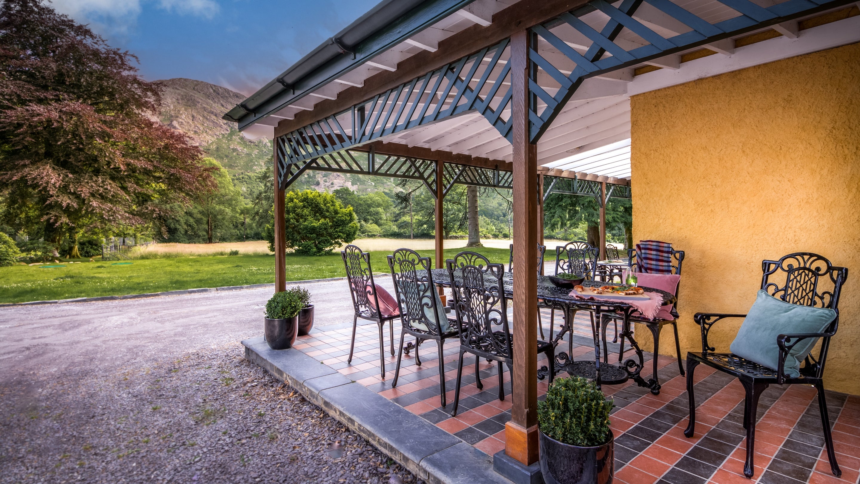 The covered outdoor seating at Craflwyn Hall, Gwynedd