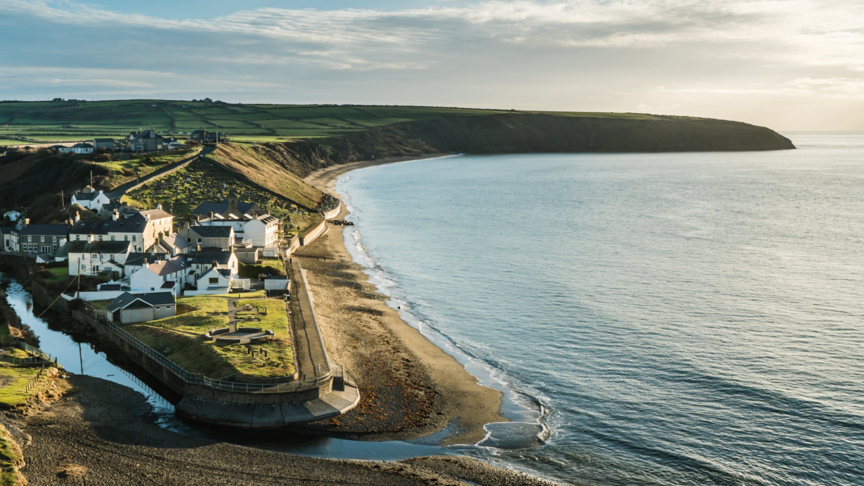 An aerial view of Aberdaron village and beach, Gwynedd