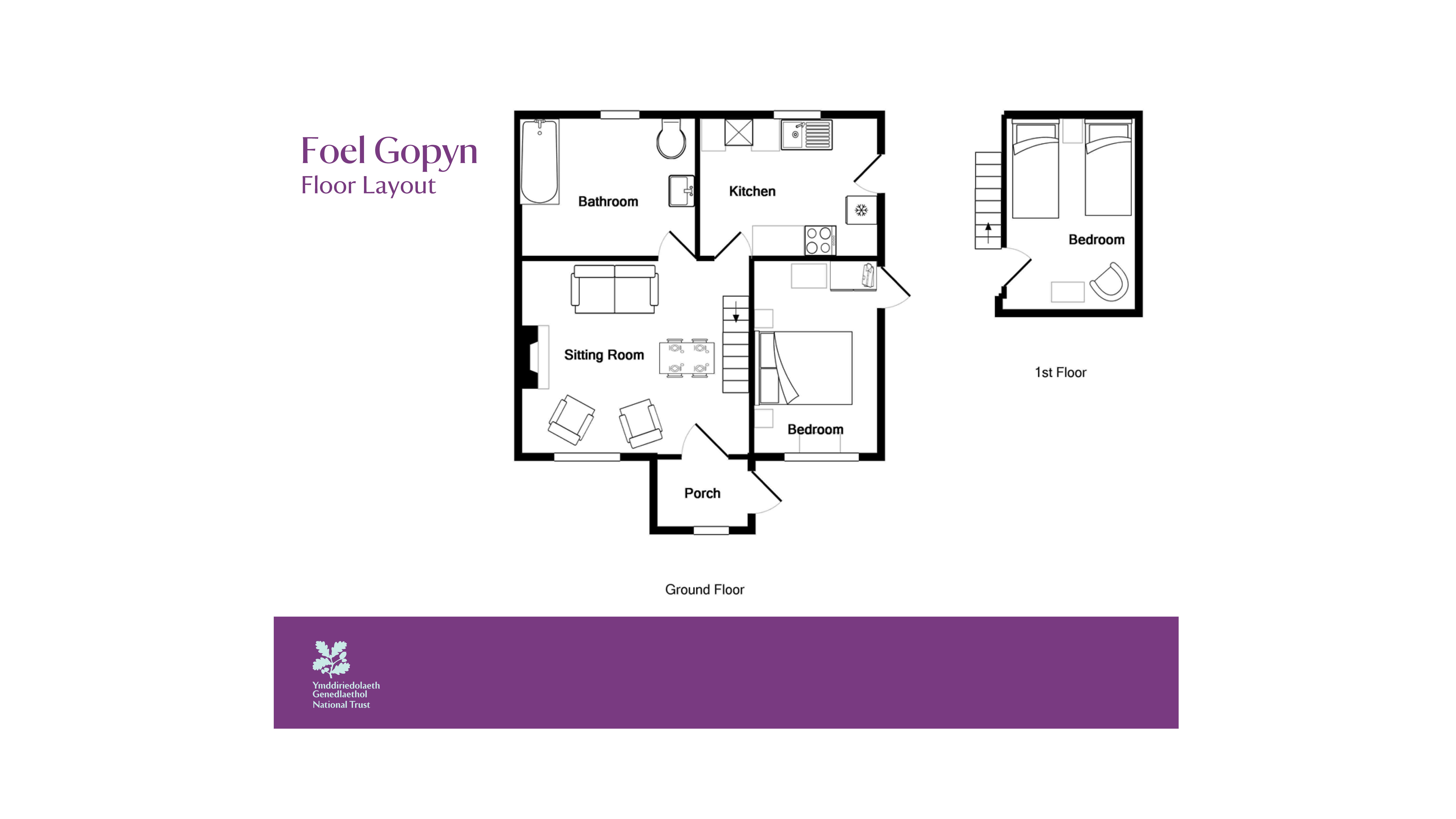 The floor plan for Foel Gopyn, showing the ground floor with porch, sitting room, bedroom and bathroom on the ground floor, and the first floor with twin bedroom